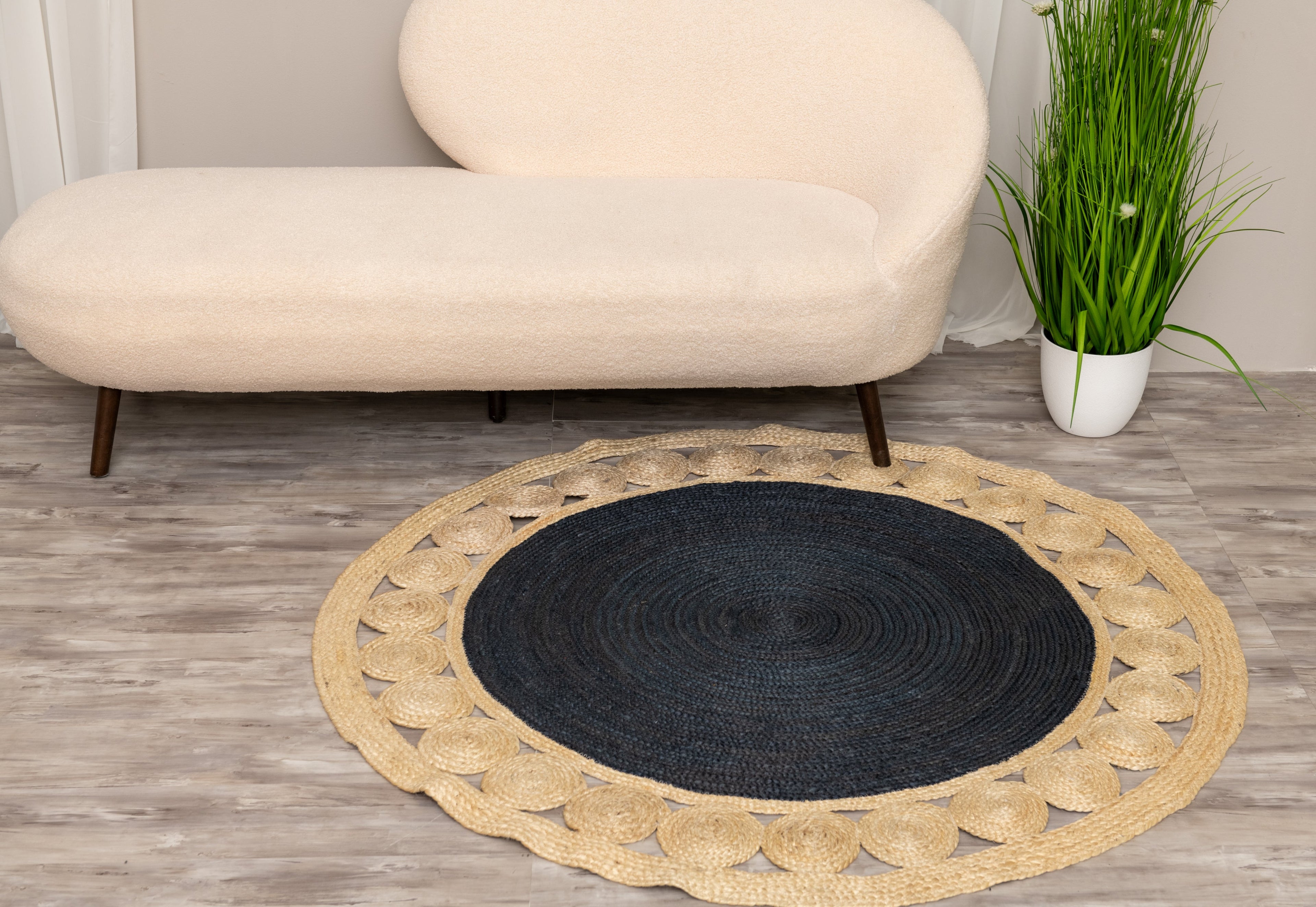 Handmade Braided Area Rug with Grey Center - Jute -Round
