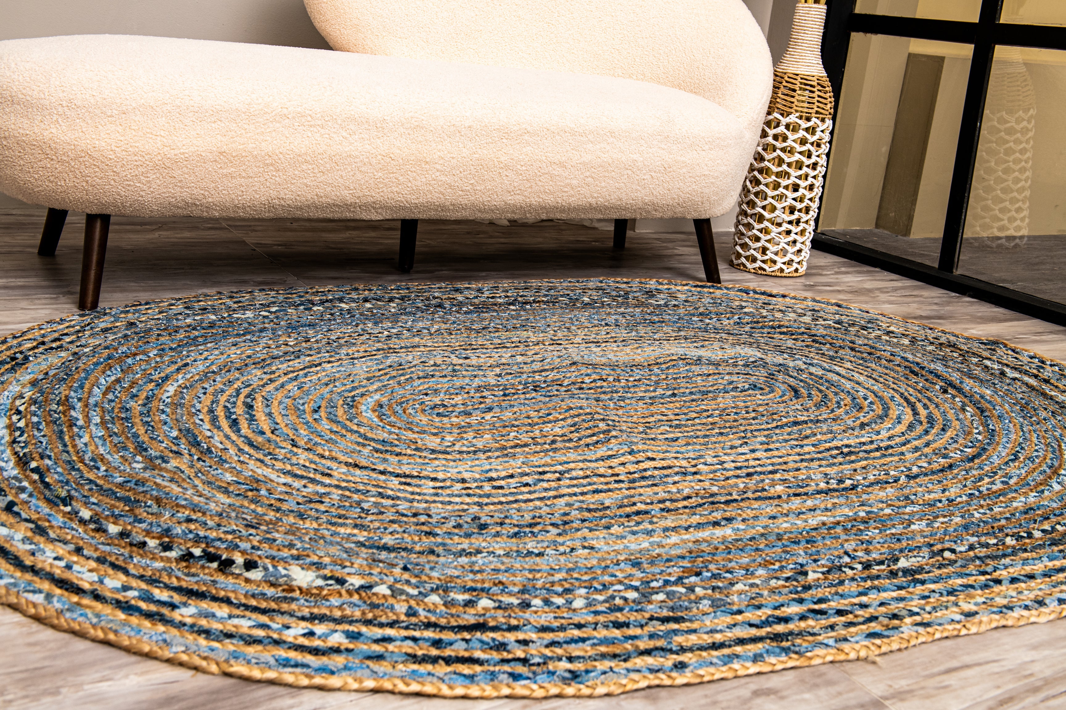 Handcrafted Pattern Rug - Natural Jute & Denim - Oval