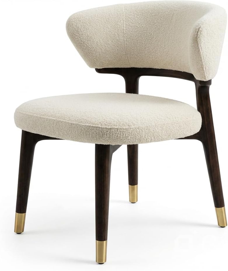 HOMEAARA Modera Dual-Tone Accent Chair, Living Room/Office/Hotel, Curved Ergonomic Backrest, PU Leather/Fabric Blend, Ivory Beige, 55.5x42x79.5 cm, 6 kg, Rich Walnut Wood Frame with Brass Tips
