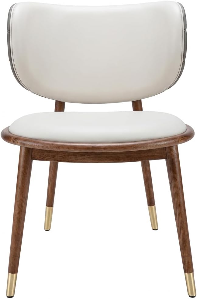 HOMEAARA Modera Dual-Tone Accent Chair, Living Room/Office/Hotel, Curved Ergonomic Backrest, PU Leather/Fabric Blend, Ivory Beige, 55.5x42x79.5 cm, 6 kg, Rich Walnut Wood Frame with Brass Tips