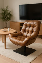 Luxury Swivel Lounge Chair in Full Cowhide Leather – Natural Leather Furniture | Ergonomic Design | Tufted Cushion Seat | Modern Accent Chair for Living Room & Bedroom – 800×890×990mm