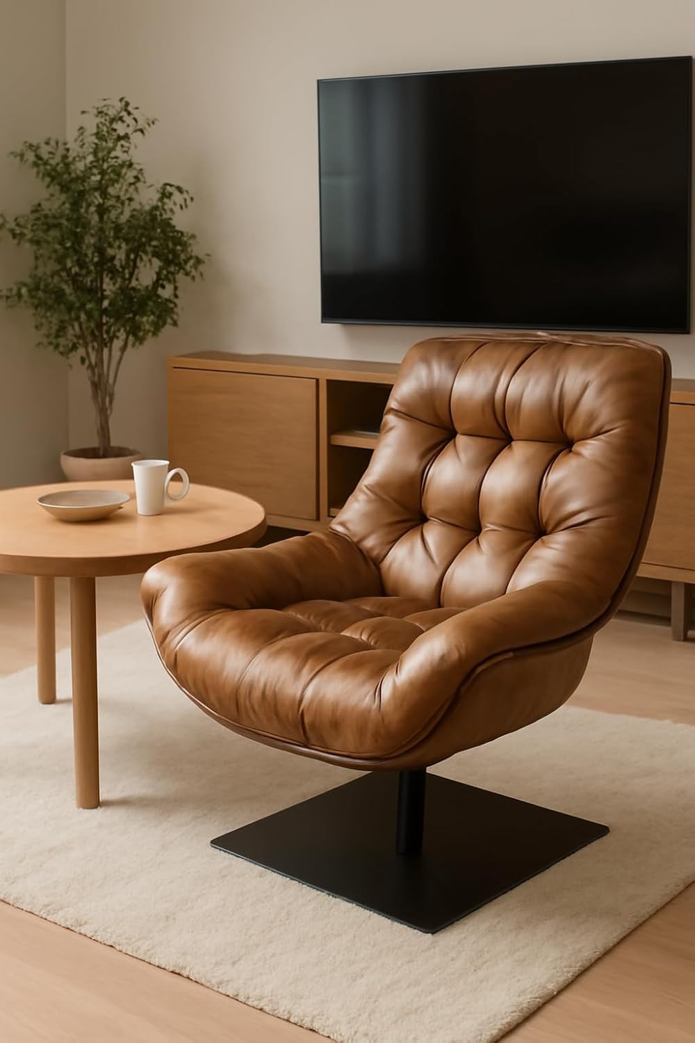 Luxury Swivel Lounge Chair in Full Cowhide Leather – Natural Leather Furniture | Ergonomic Design | Tufted Cushion Seat | Modern Accent Chair for Living Room & Bedroom – 800×890×990mm