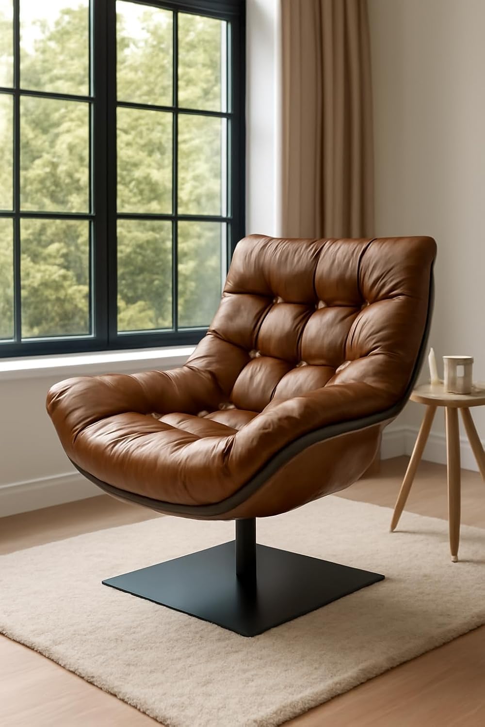Luxury Swivel Lounge Chair in Full Cowhide Leather – Natural Leather Furniture | Ergonomic Design | Tufted Cushion Seat | Modern Accent Chair for Living Room & Bedroom – 800×890×990mm