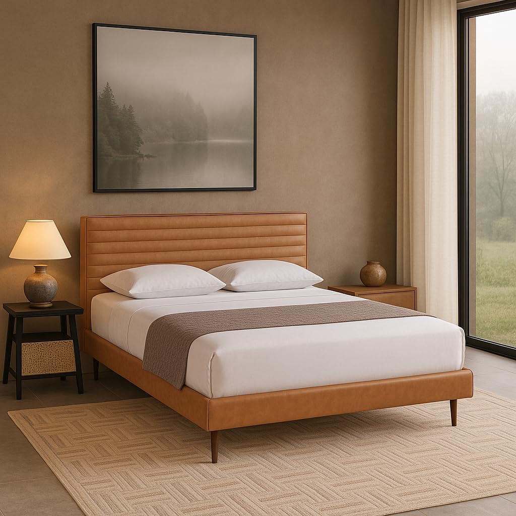 Home Mart Natural Leather Bed Frame for 180x200 Mattress – Full Cowhide Upholstery, Sturdy Wooden Base, Modern Bedroom Furniture – Product Size 185x217x101 cm