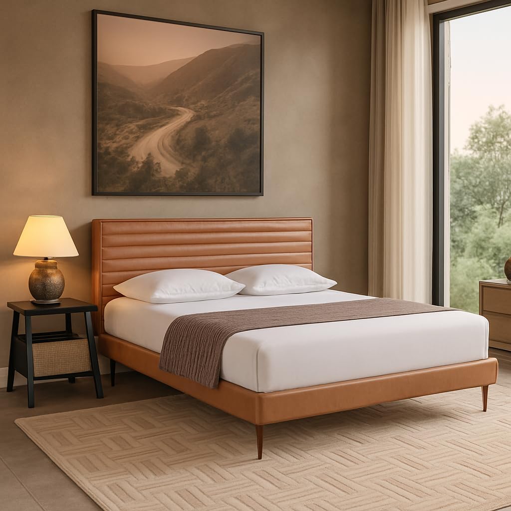 Home Mart Natural Leather Bed Frame for 180x200 Mattress – Full Cowhide Upholstery, Sturdy Wooden Base, Modern Bedroom Furniture – Product Size 185x217x101 cm