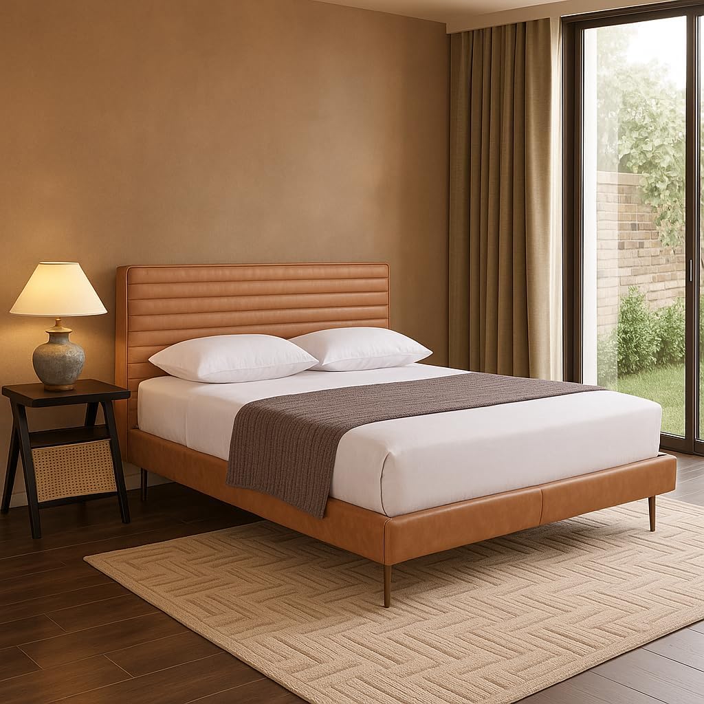 Home Mart Natural Leather Bed Frame for 180x200 Mattress – Full Cowhide Upholstery, Sturdy Wooden Base, Modern Bedroom Furniture – Product Size 185x217x101 cm