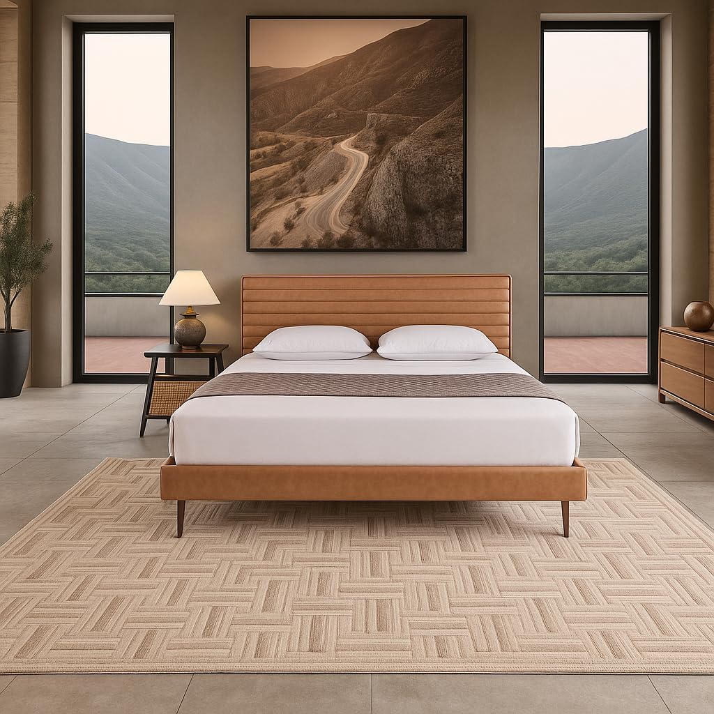 Home Mart Natural Leather Bed Frame for 180x200 Mattress – Full Cowhide Upholstery, Sturdy Wooden Base, Modern Bedroom Furniture – Product Size 185x217x101 cm