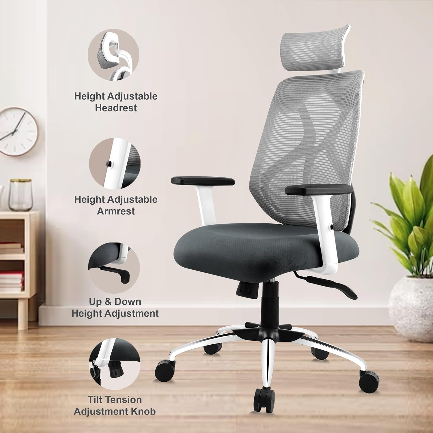 ASTRIDE Ergofit Ergonomic Office Chair for Home | 3-Years Warranty | 2D Headrest, Adjustable Arms & Lumbar Support | Tilt Lock Mechanism [Heavy Duty Chromium Metal Base, Grey-White]