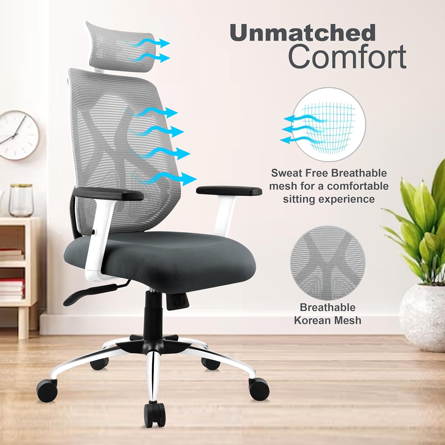ASTRIDE Ergofit Ergonomic Office Chair for Home | 3-Years Warranty | 2D Headrest, Adjustable Arms & Lumbar Support | Tilt Lock Mechanism [Heavy Duty Chromium Metal Base, Grey-White]