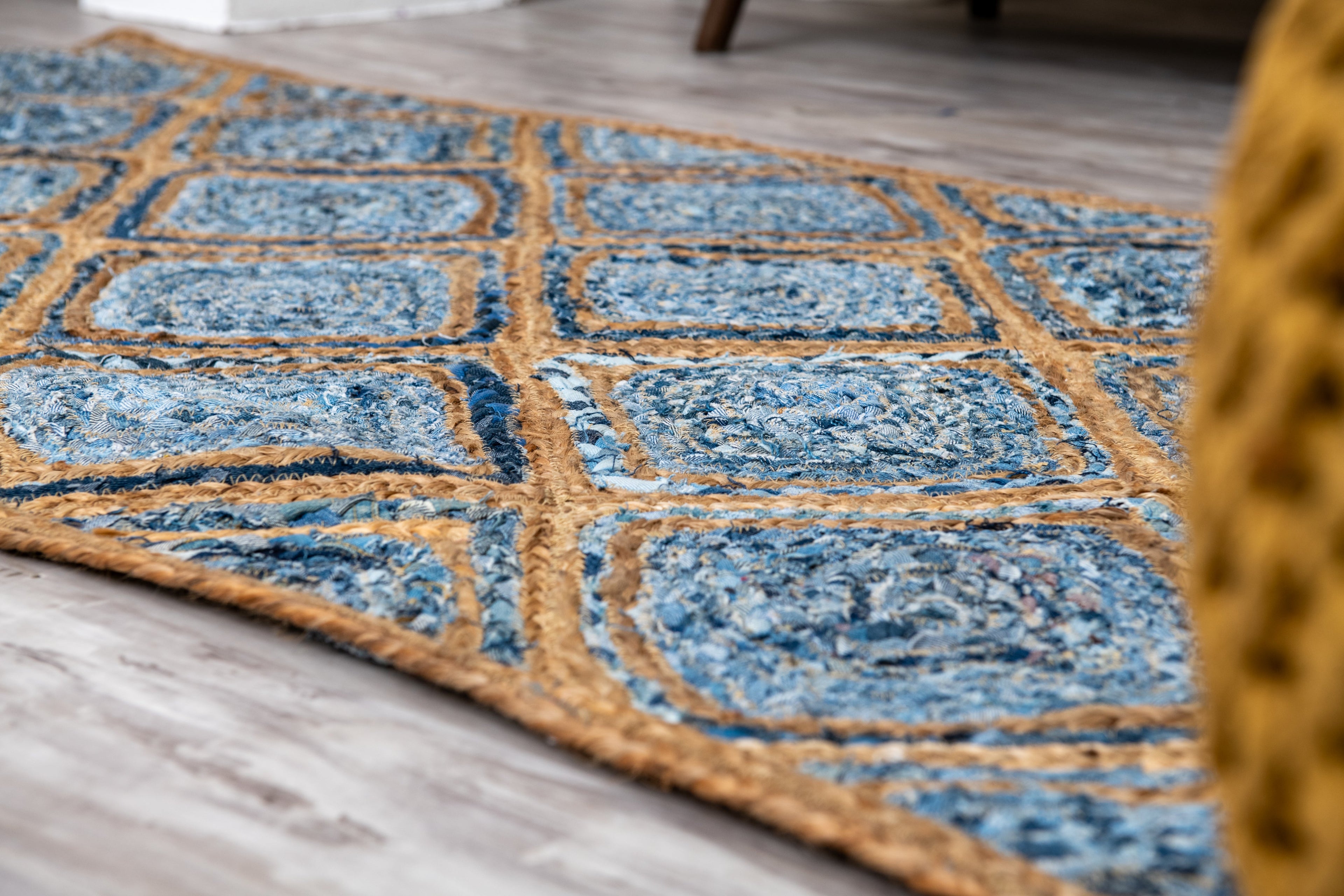 Artisanal Diamond Pattern Rug - Natural Jute & Denim  - Rectangle