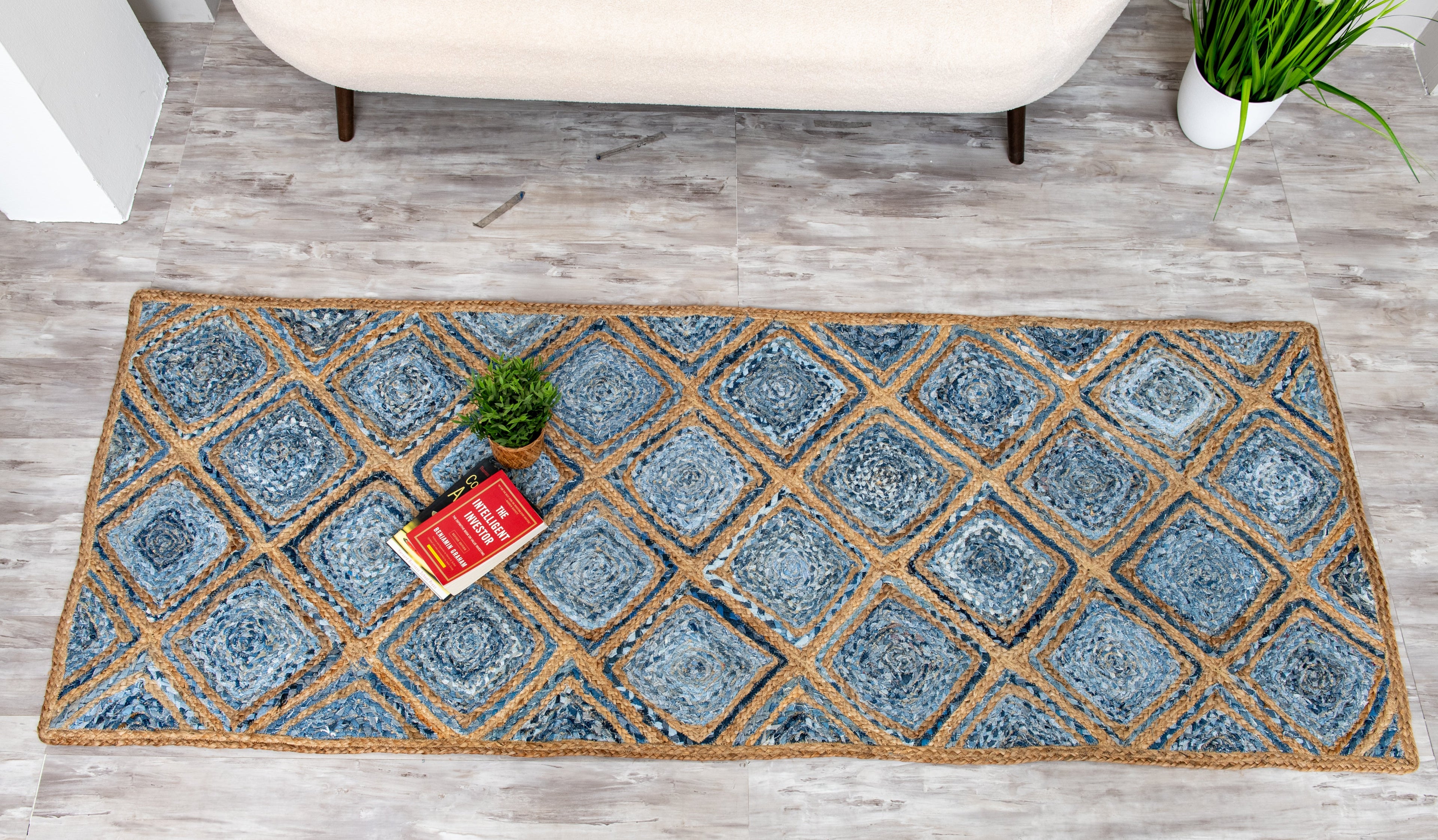 Artisanal Diamond Pattern Rug - Natural Jute & Denim  - Rectangle