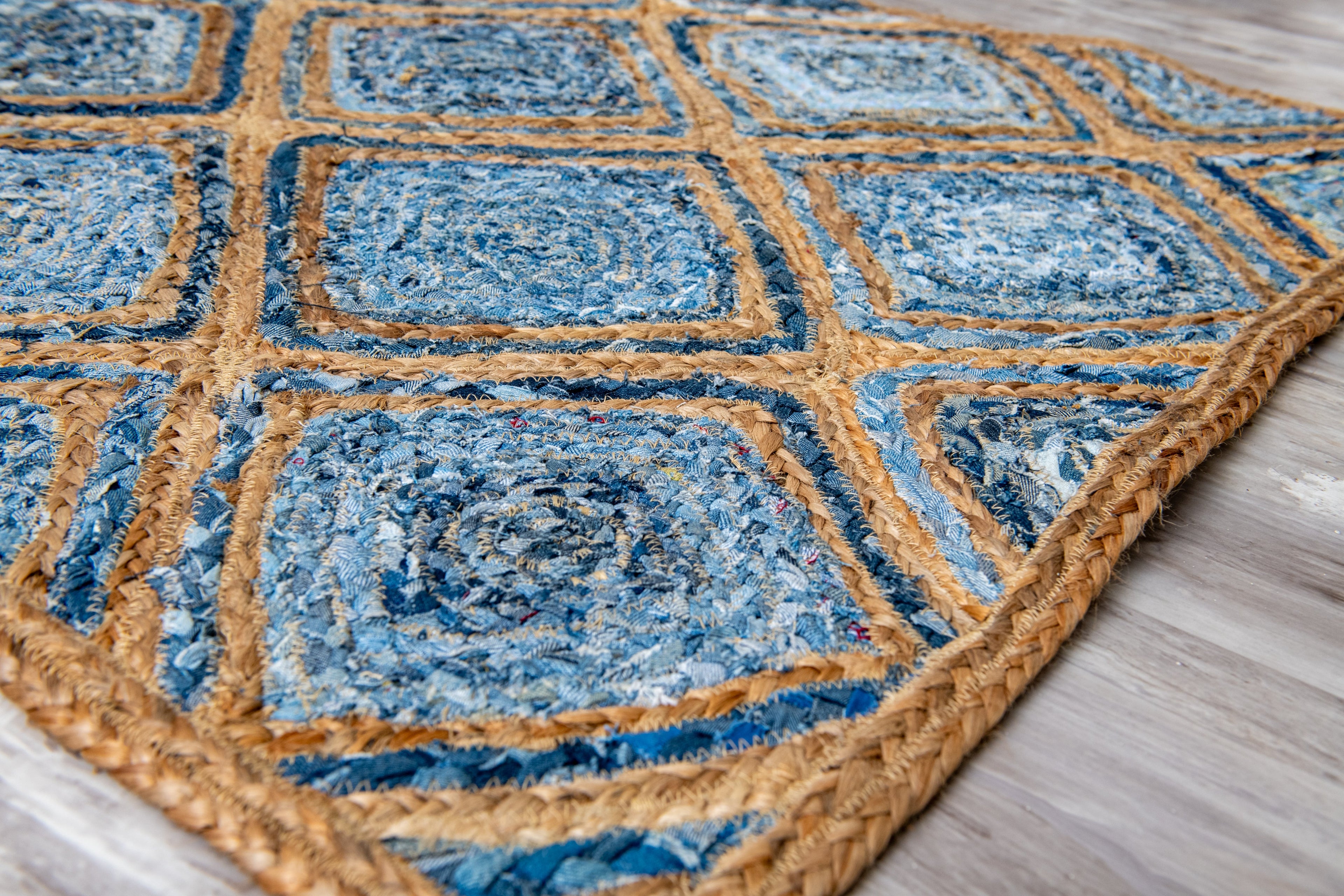 Artisanal Diamond Pattern Rug - Natural Jute & Denim  - Rectangle