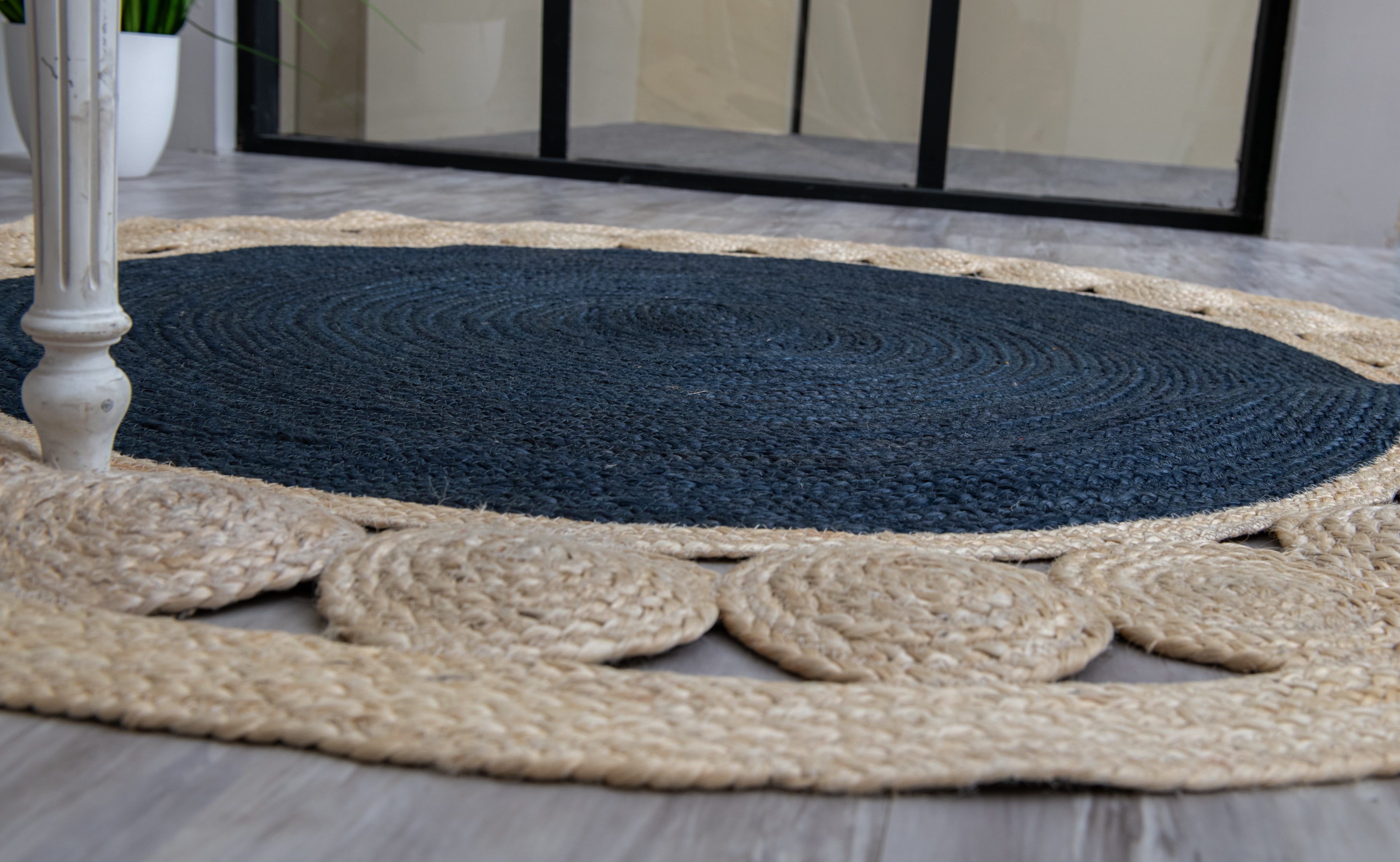 Handmade Braided Area Rug with Grey Center - Jute -Round