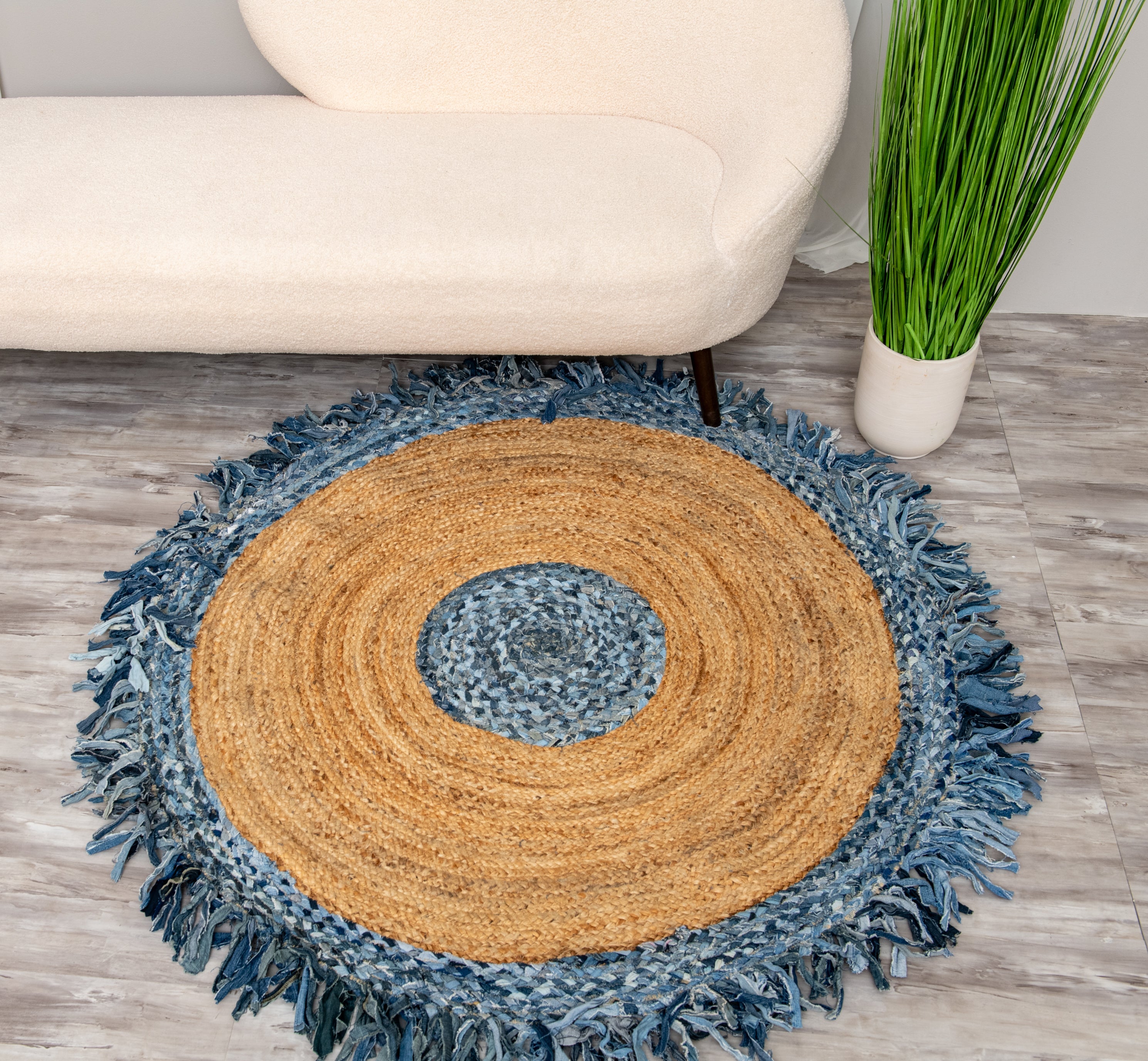 Handmade Textured Area Rug - Jute and Denim -Round