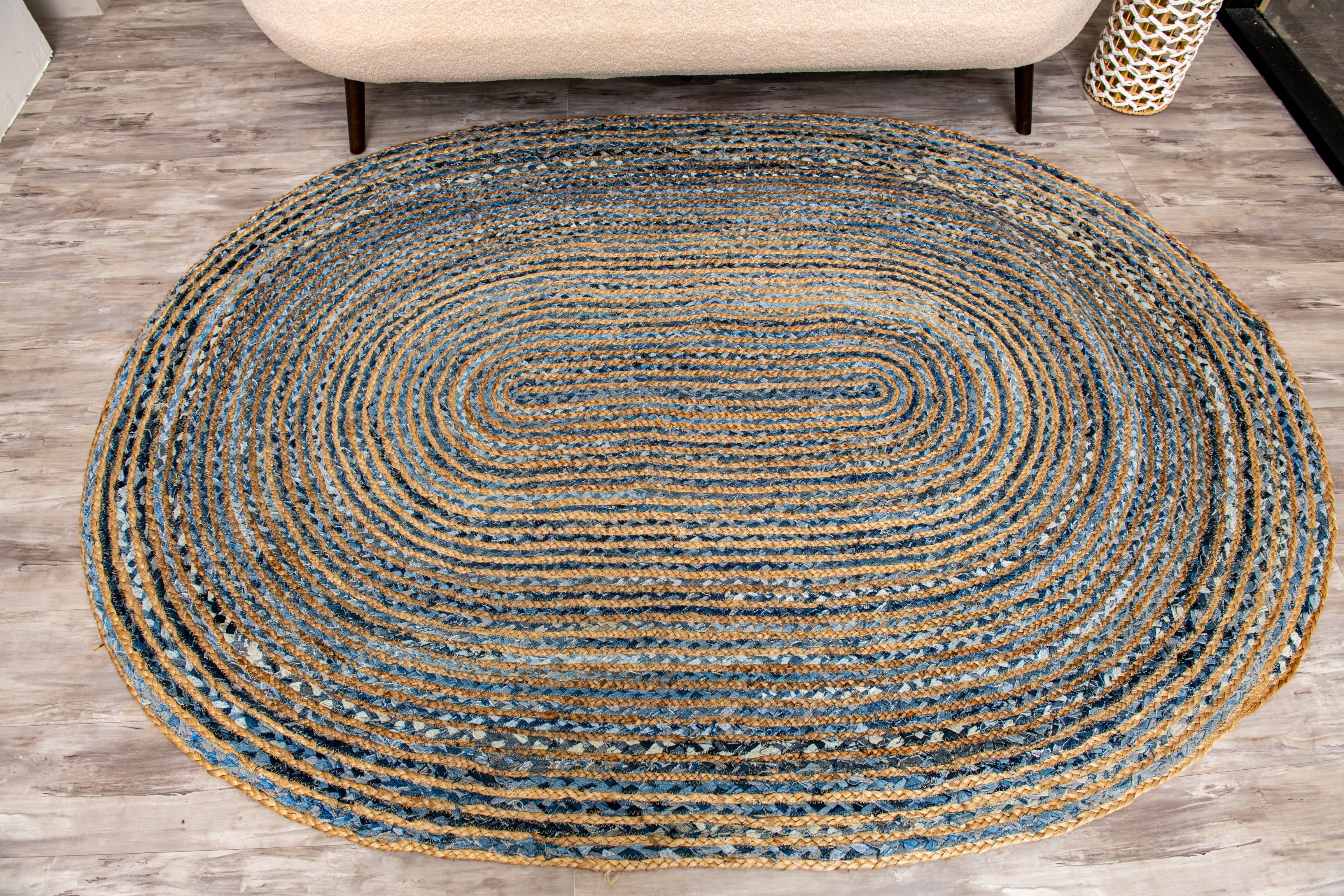 Handcrafted Pattern Rug - Natural Jute & Denim  - Oval