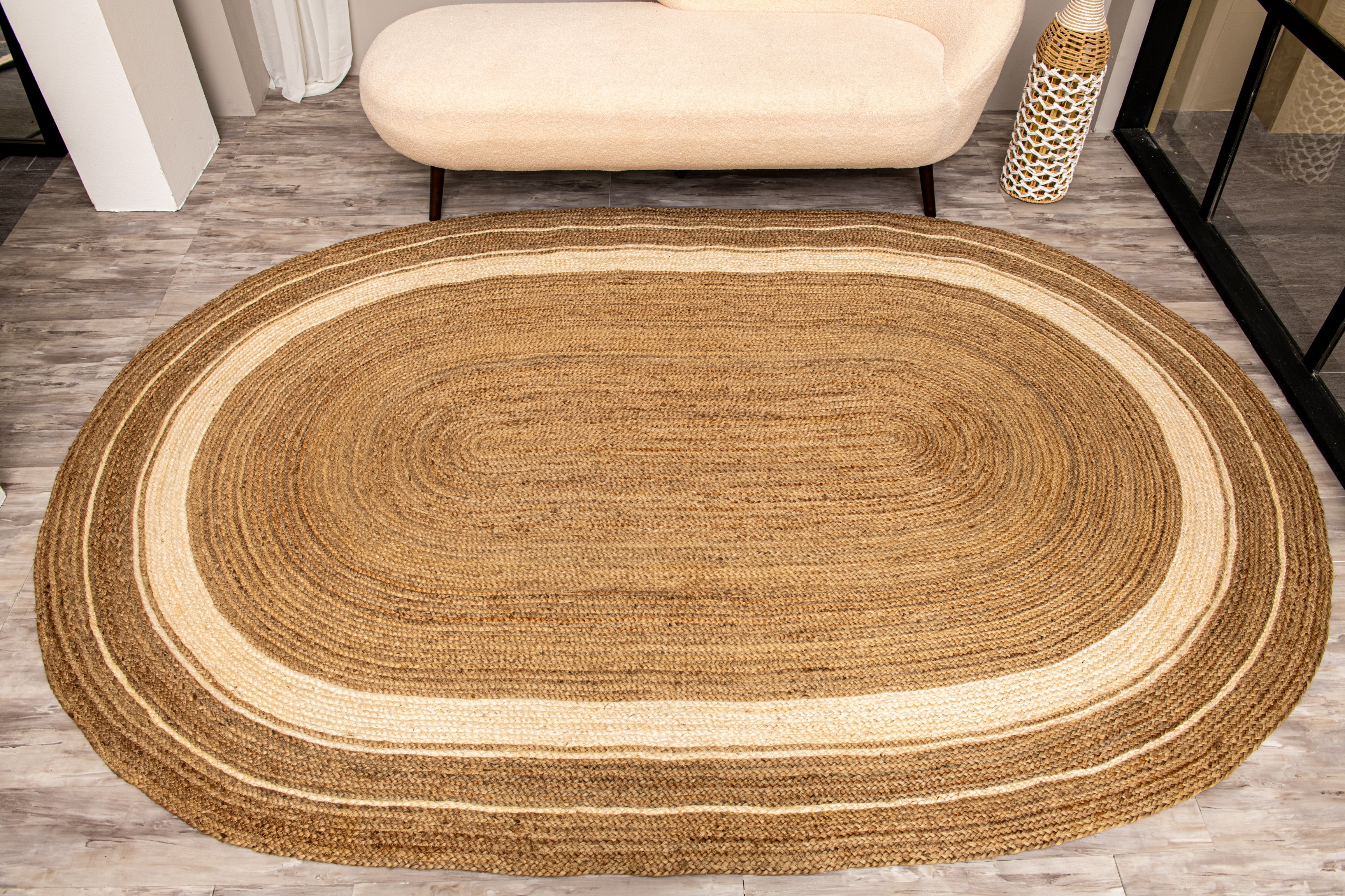 Homespun Braided Rug - Natural Jute with White Border  - Oval