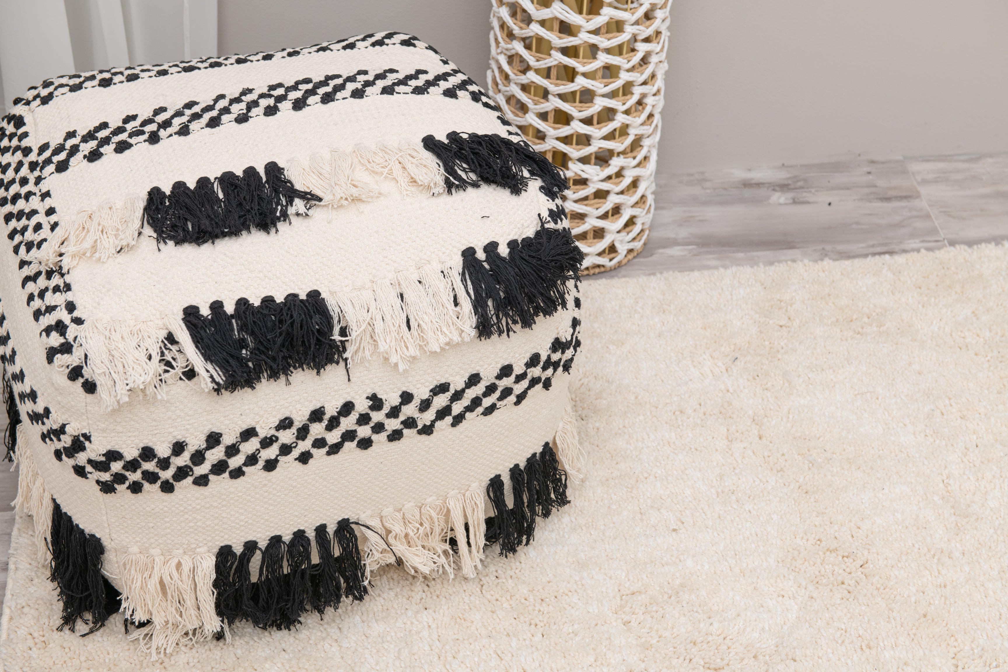 Bohemian Braided Tassel Pouf- Black and White