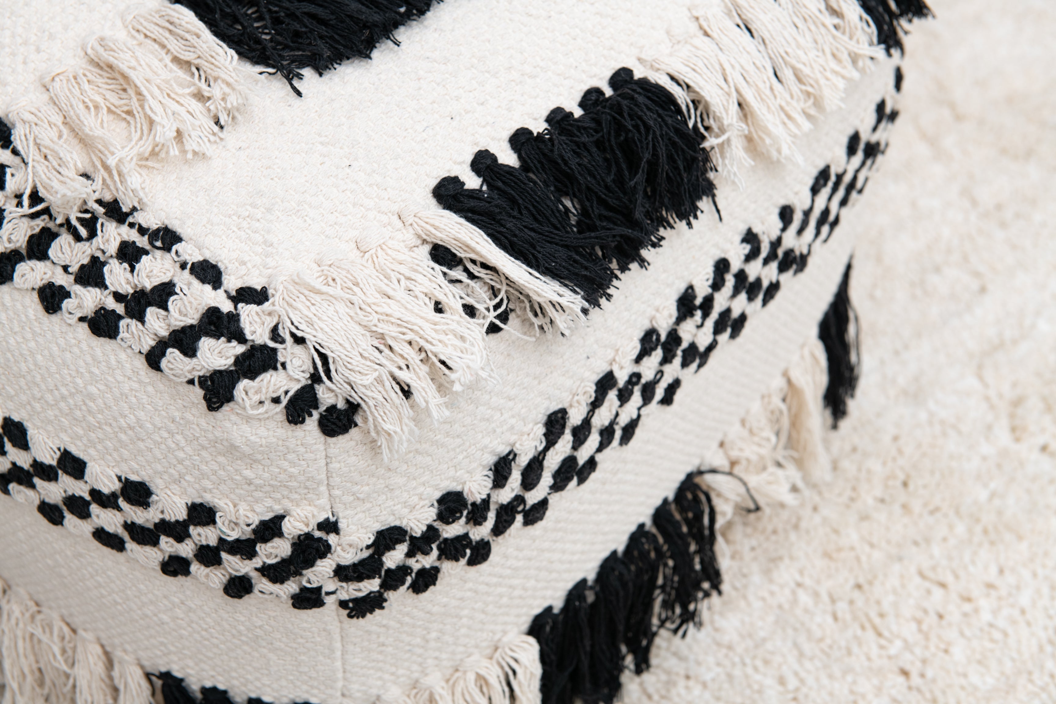 Bohemian Braided Tassel Pouf- Black and White