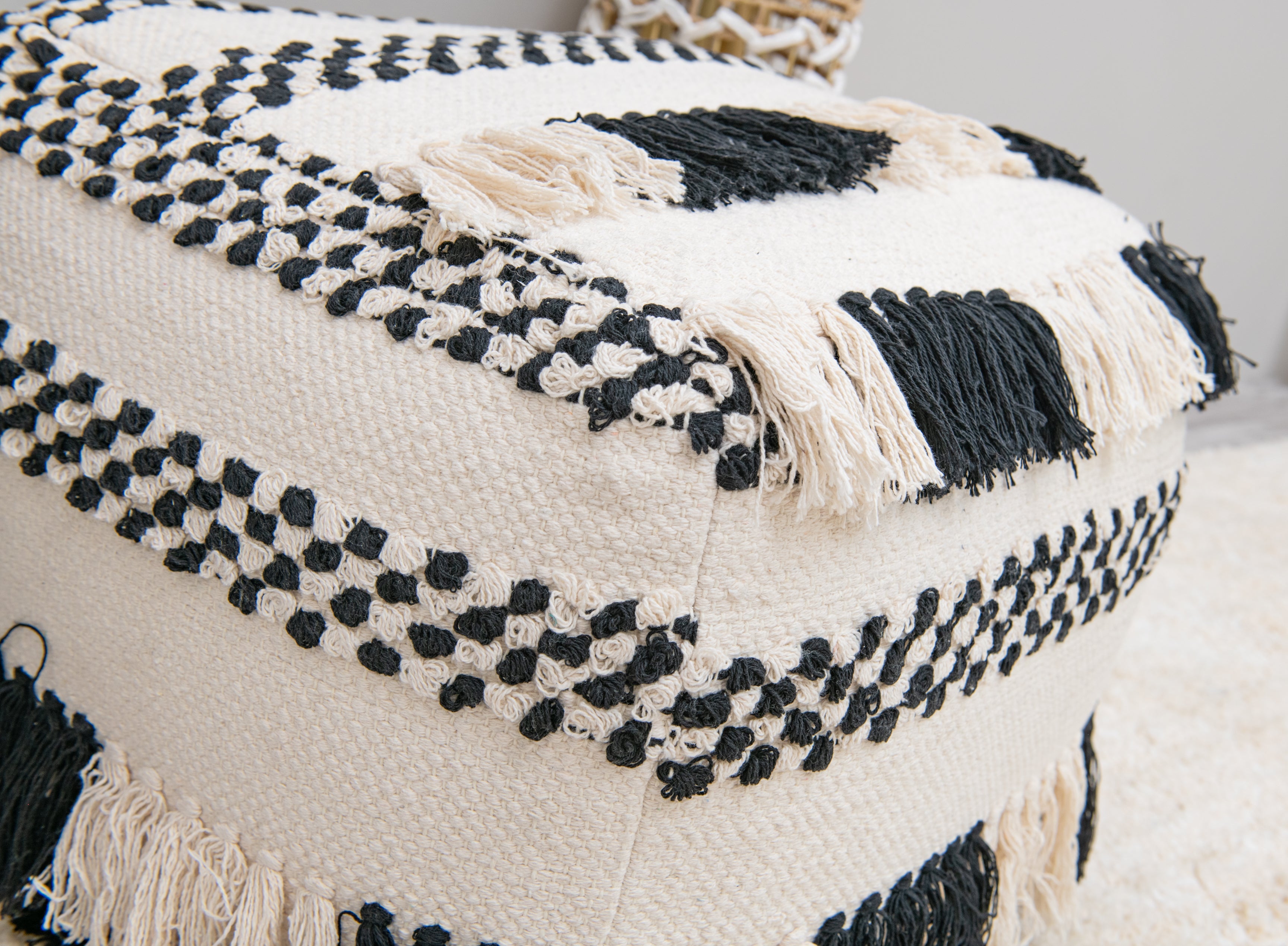 Bohemian Braided Tassel Pouf- Black and White