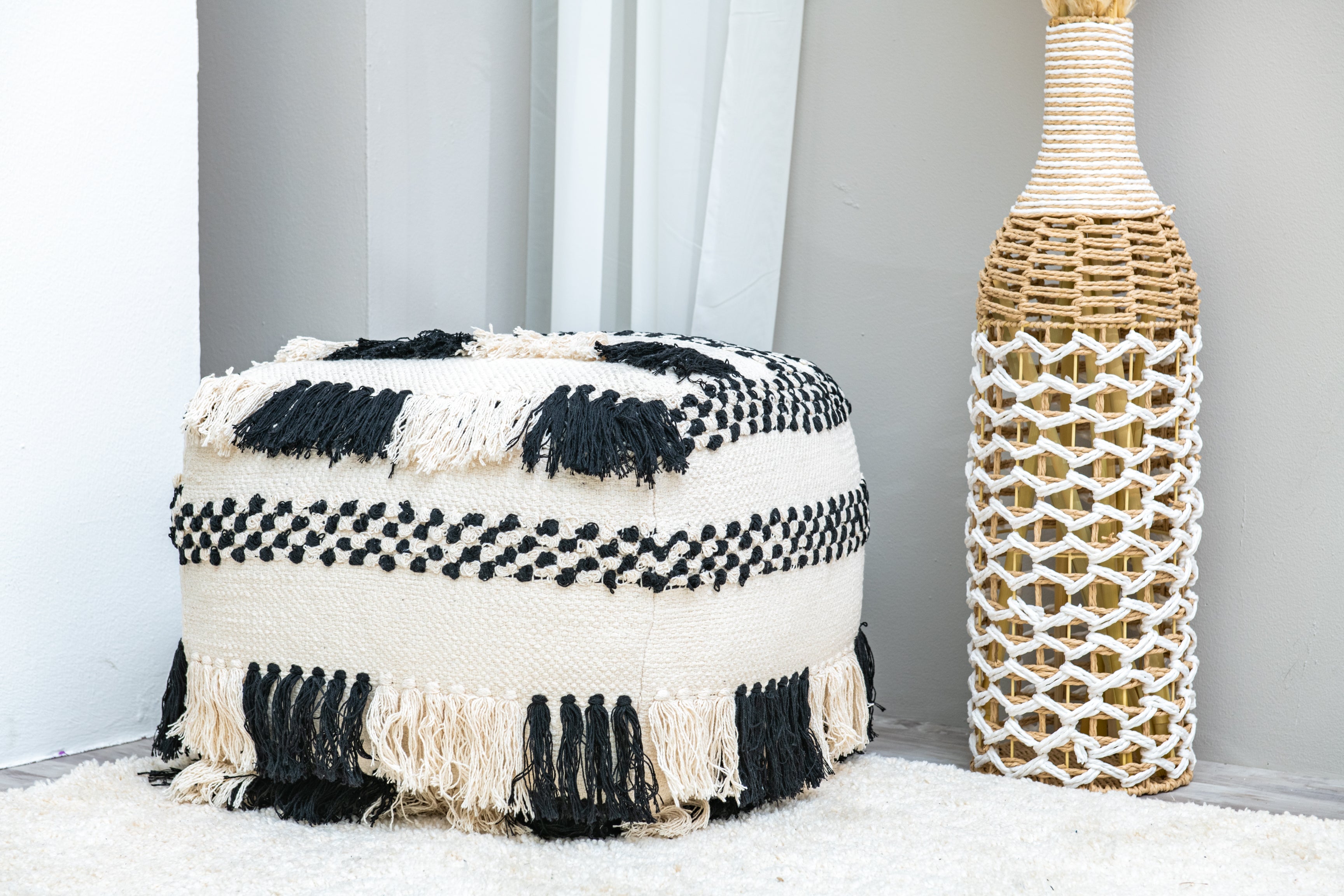 Bohemian Braided Tassel Pouf- Black and White