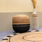 Hand Knotted Circle Motif Pouf -Jute and Black
