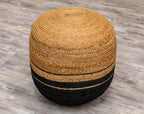 Hand Knotted Circle Motif Pouf -Jute and Black