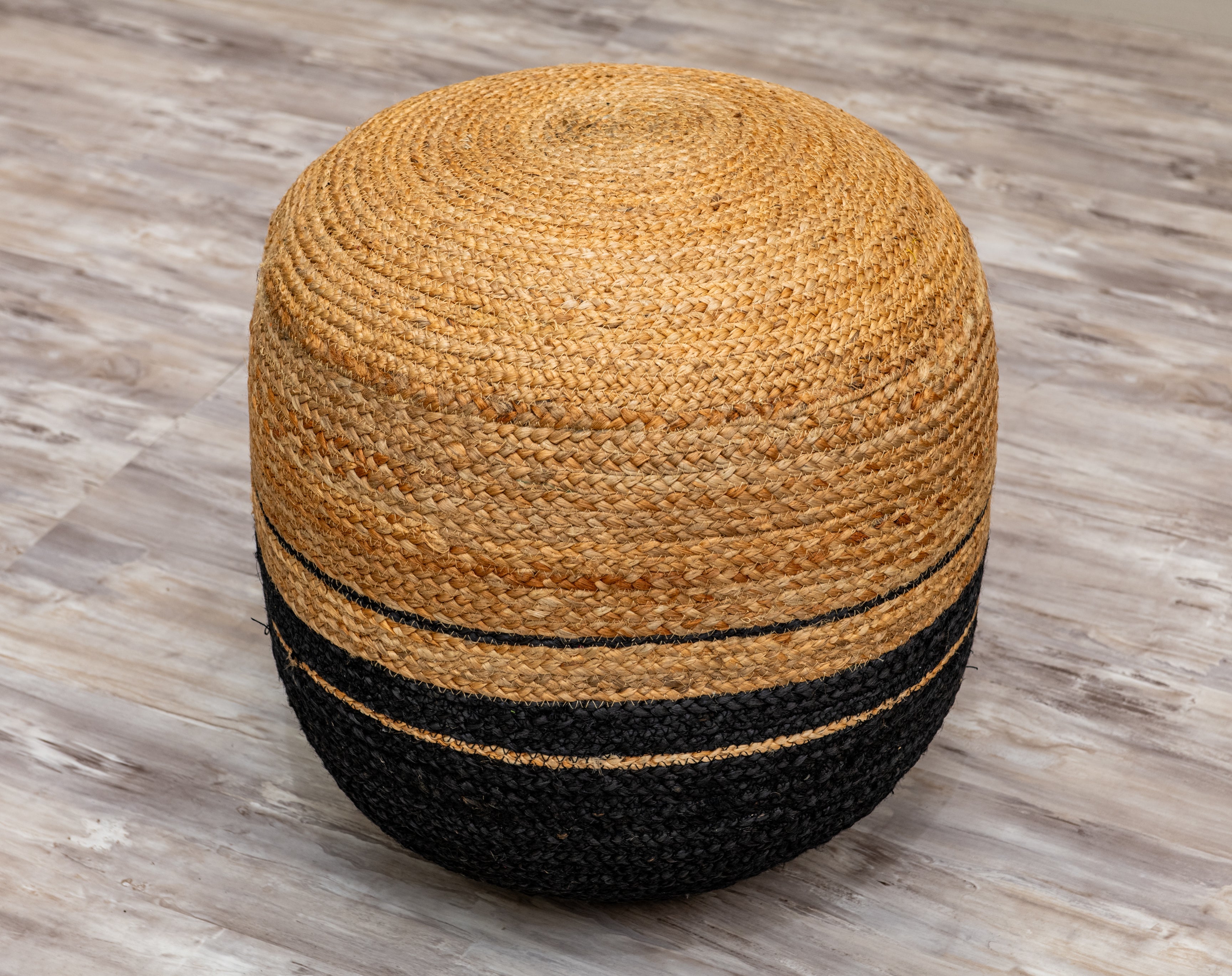 Hand Knotted Circle Motif Pouf -Jute and Black