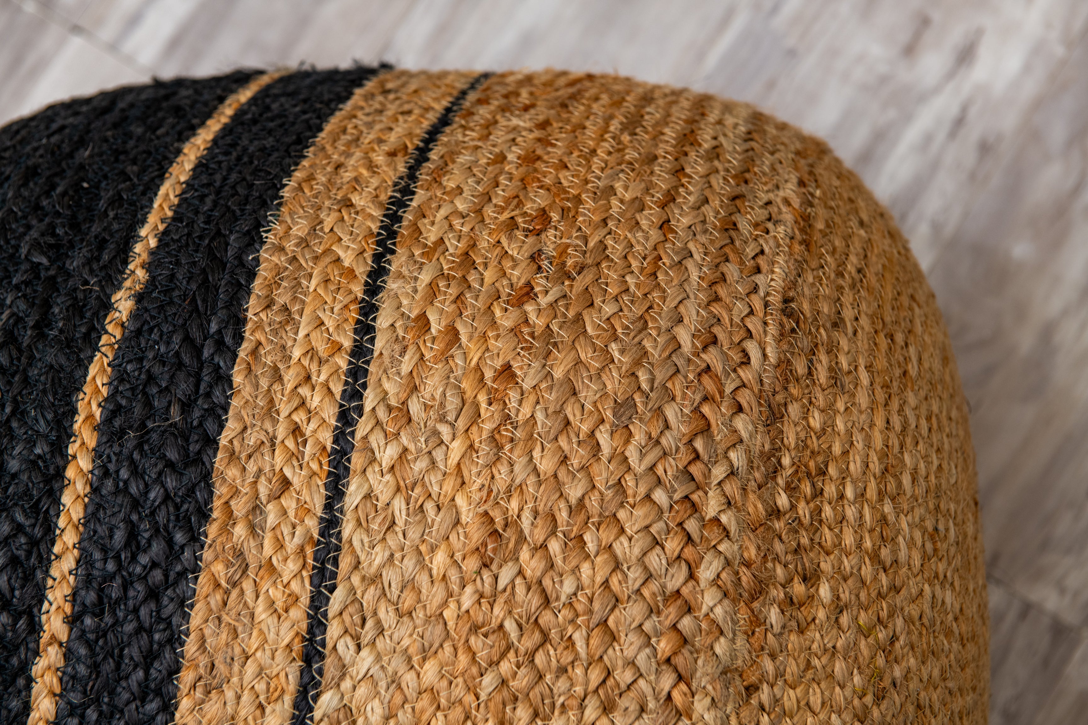 Hand Knotted Circle Motif Pouf -Jute and Black