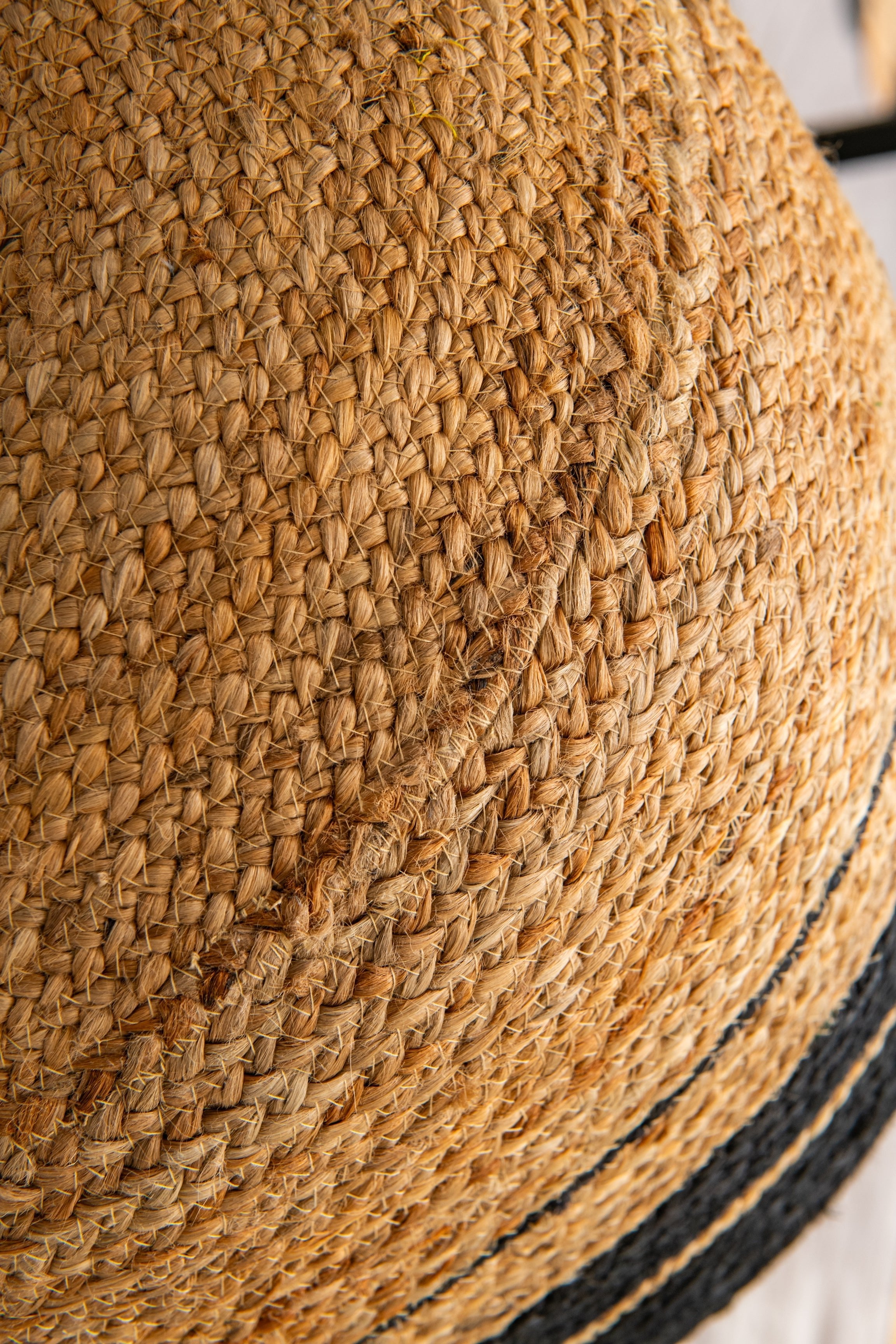 Hand Knotted Circle Motif Pouf -Jute and Black