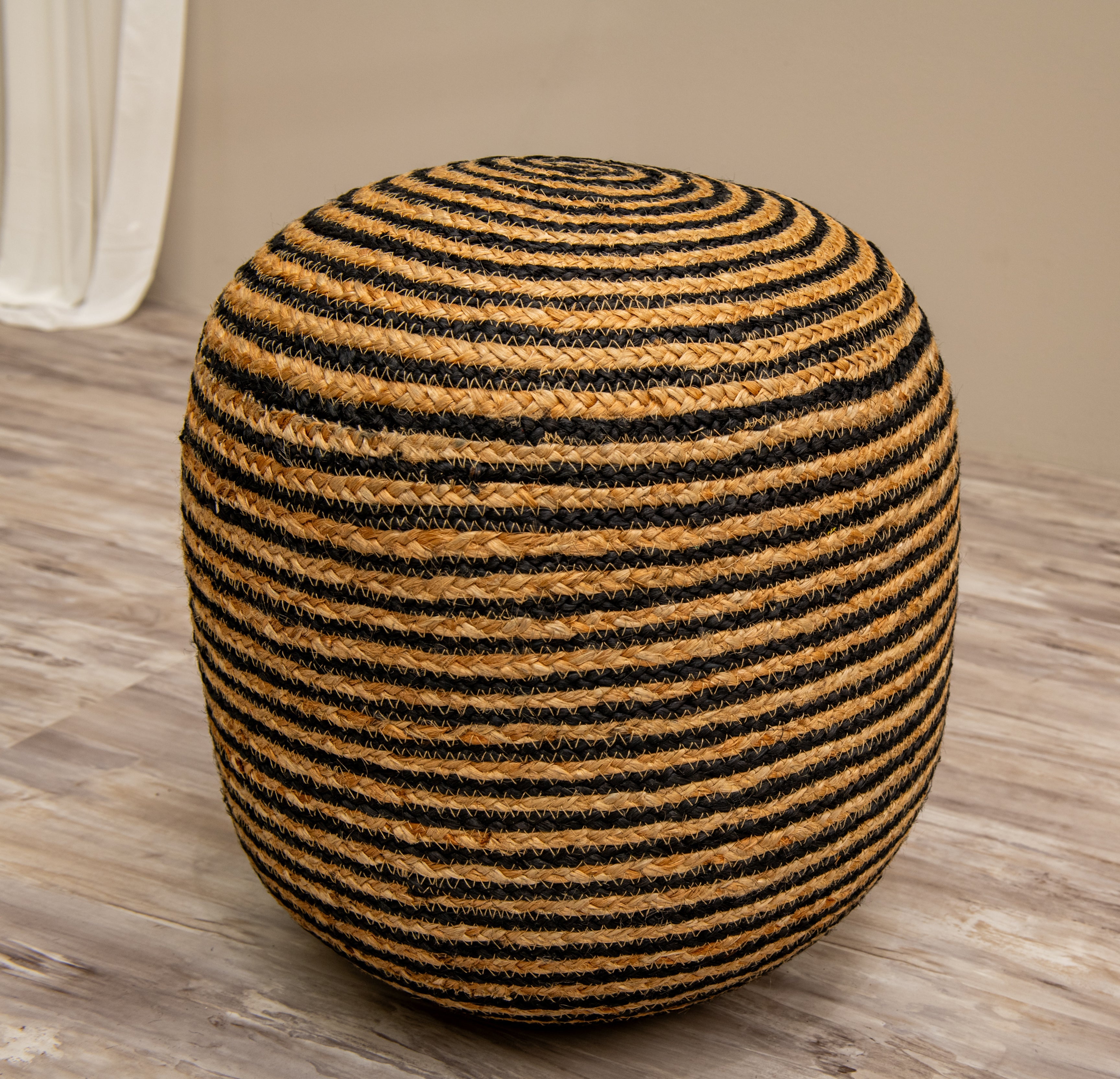Braided Elegance Pouf - Natural Jute and Black