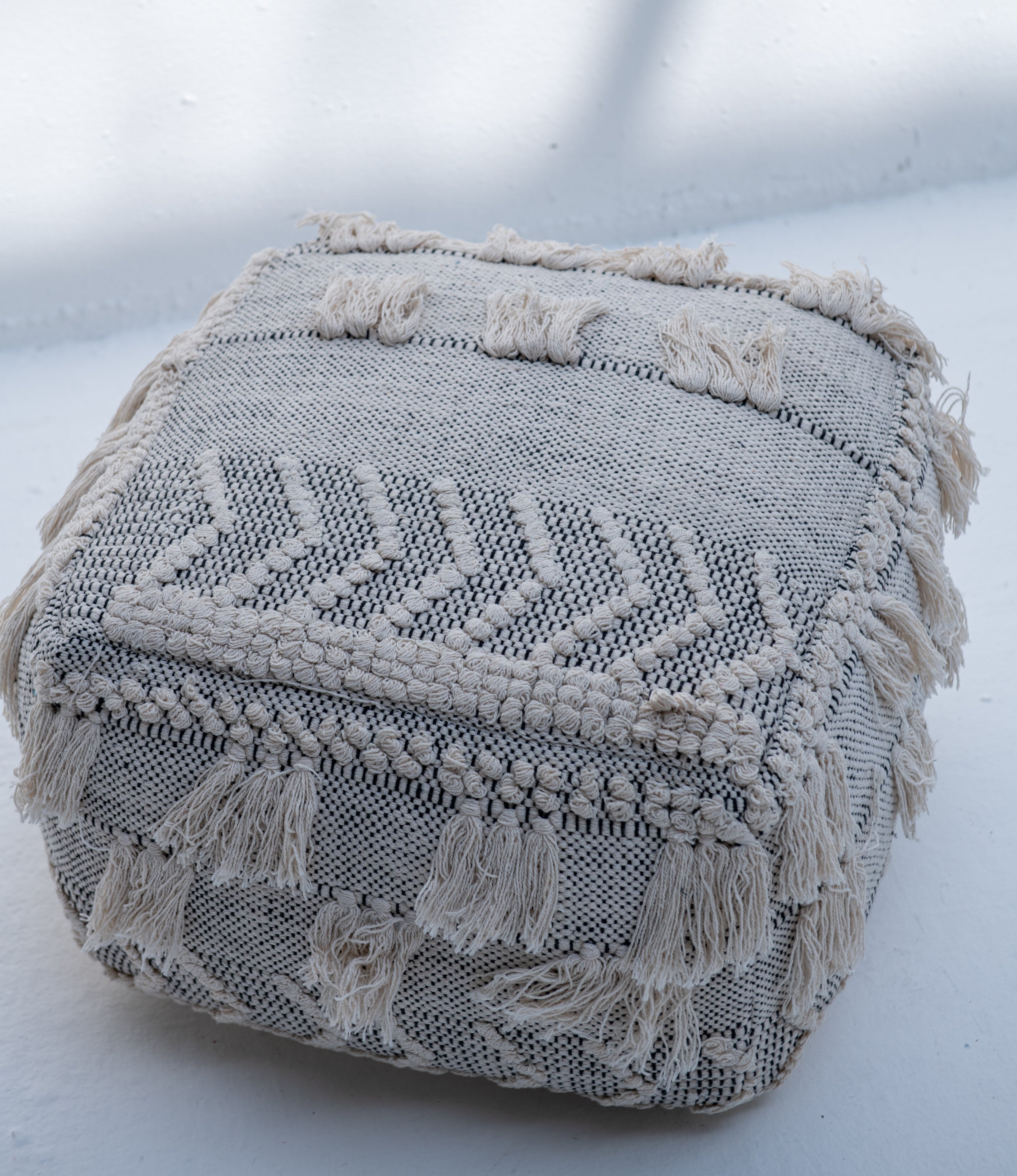 Bohemian Braided Tassel Pouf- Beige