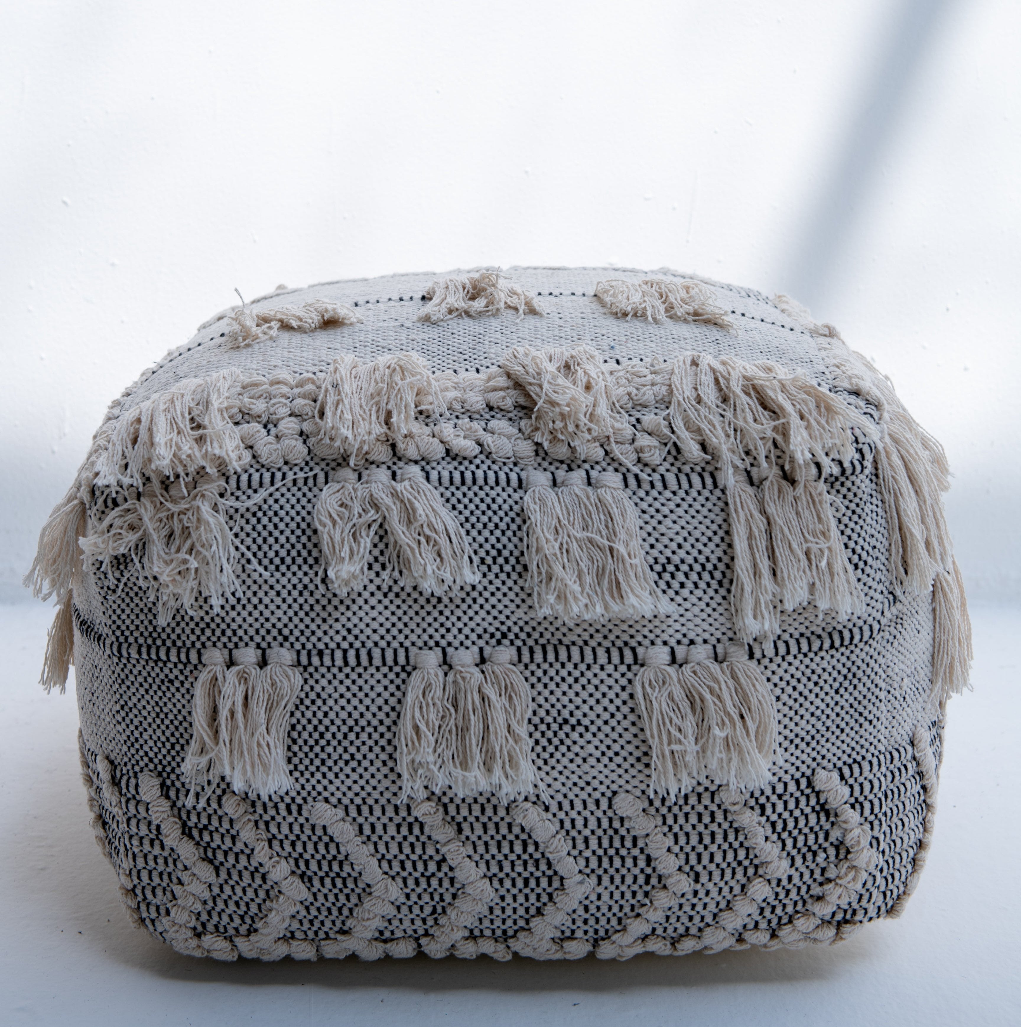 Bohemian Braided Tassel Pouf- Beige