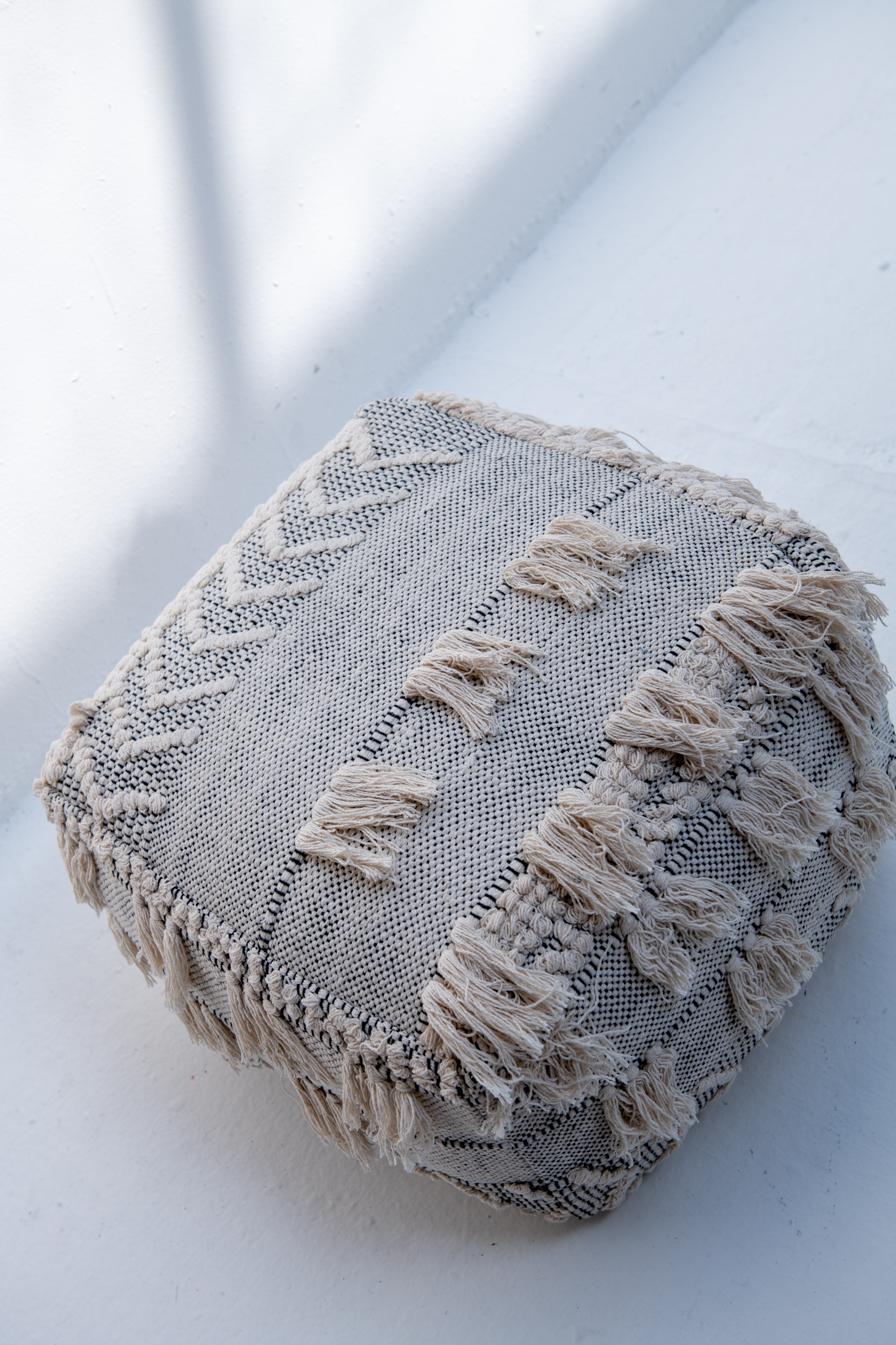 Bohemian Braided Tassel Pouf- Beige