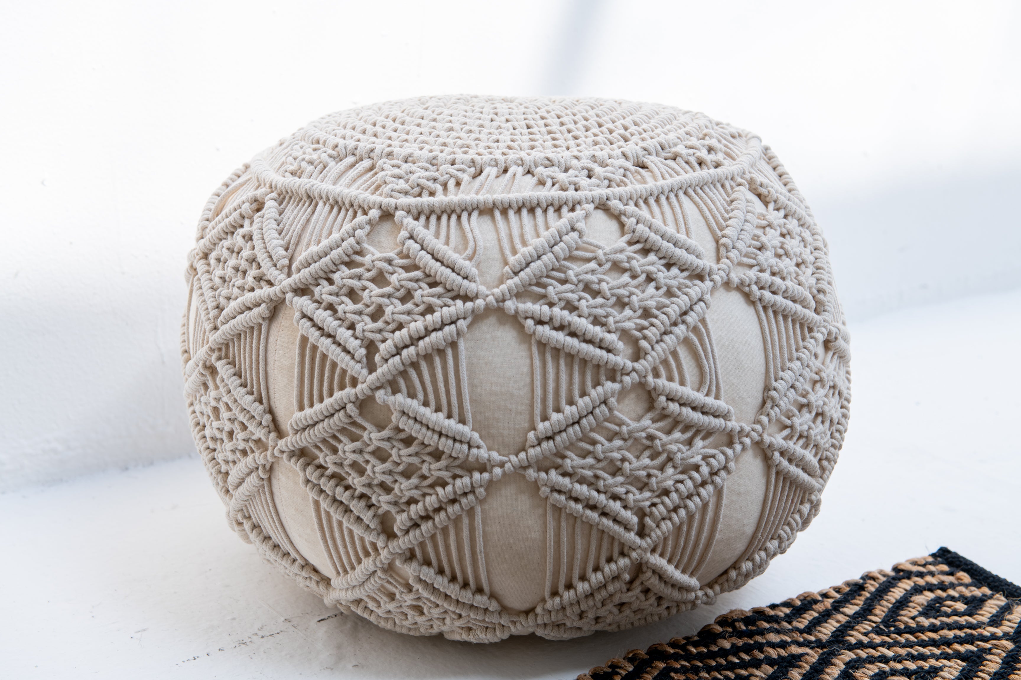 Bohemian Handwoven Cotton Knot Pouf- Cream