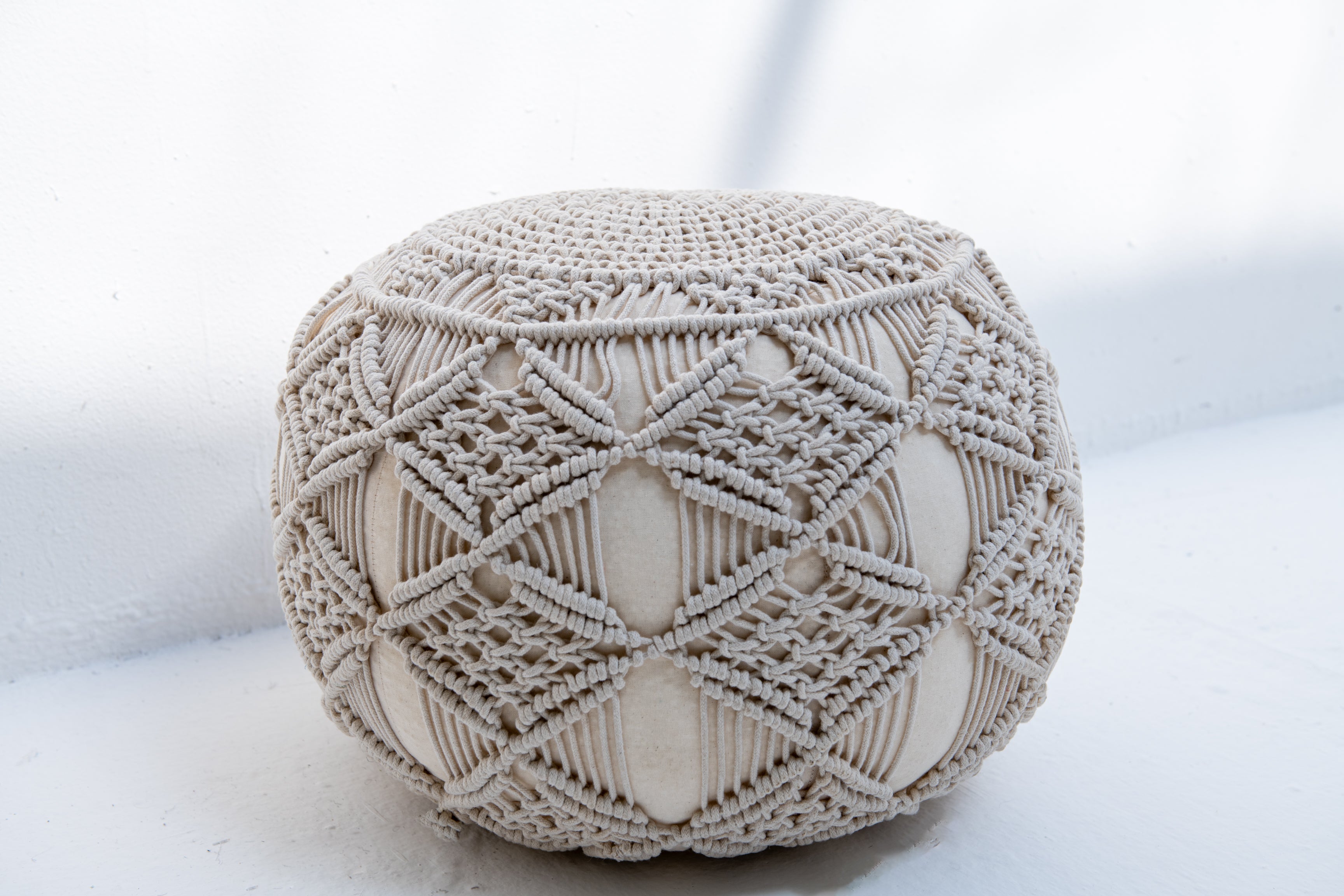 Bohemian Handwoven Cotton Knot Pouf- Cream