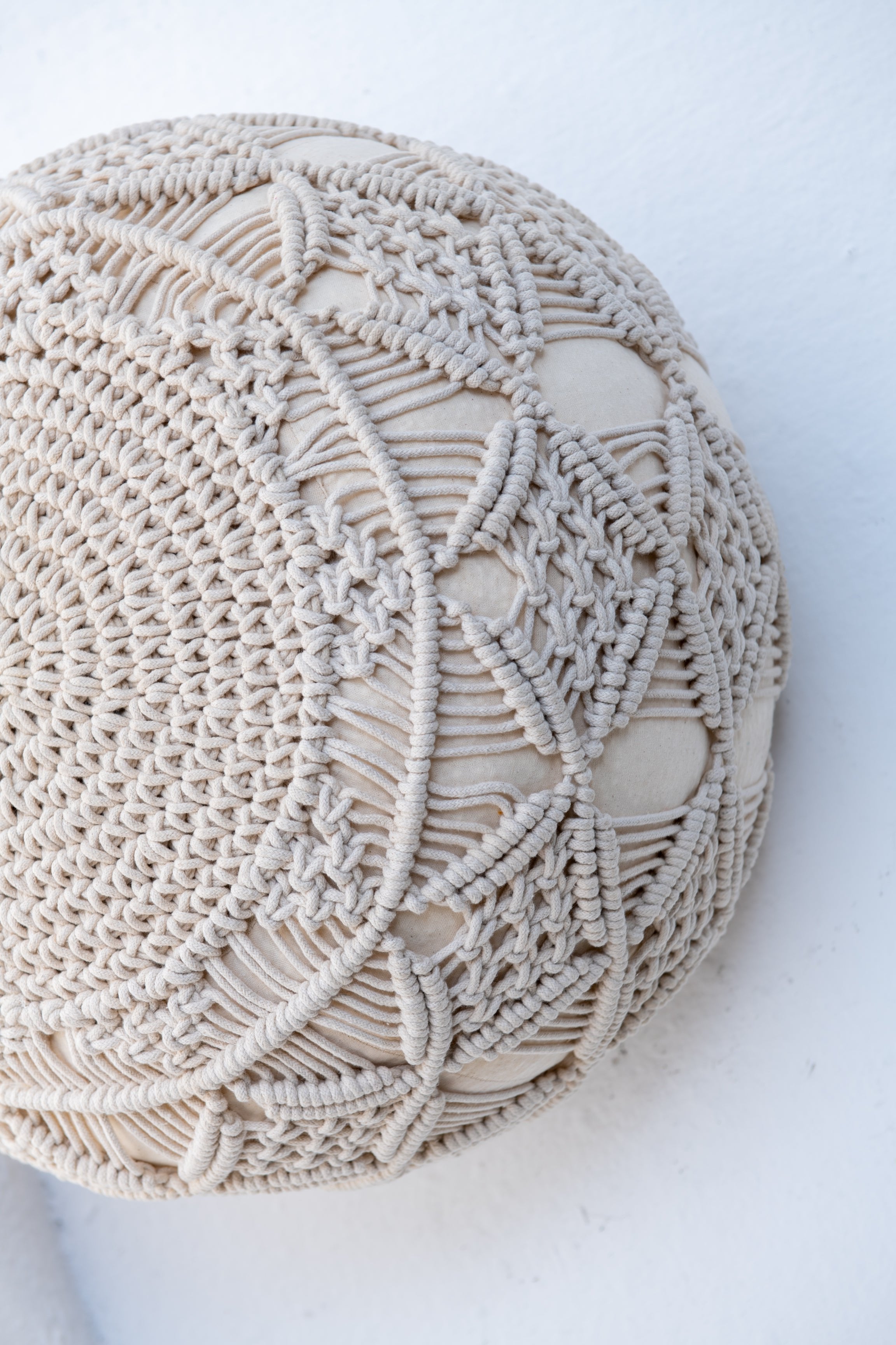 Bohemian Handwoven Cotton Knot Pouf- Cream