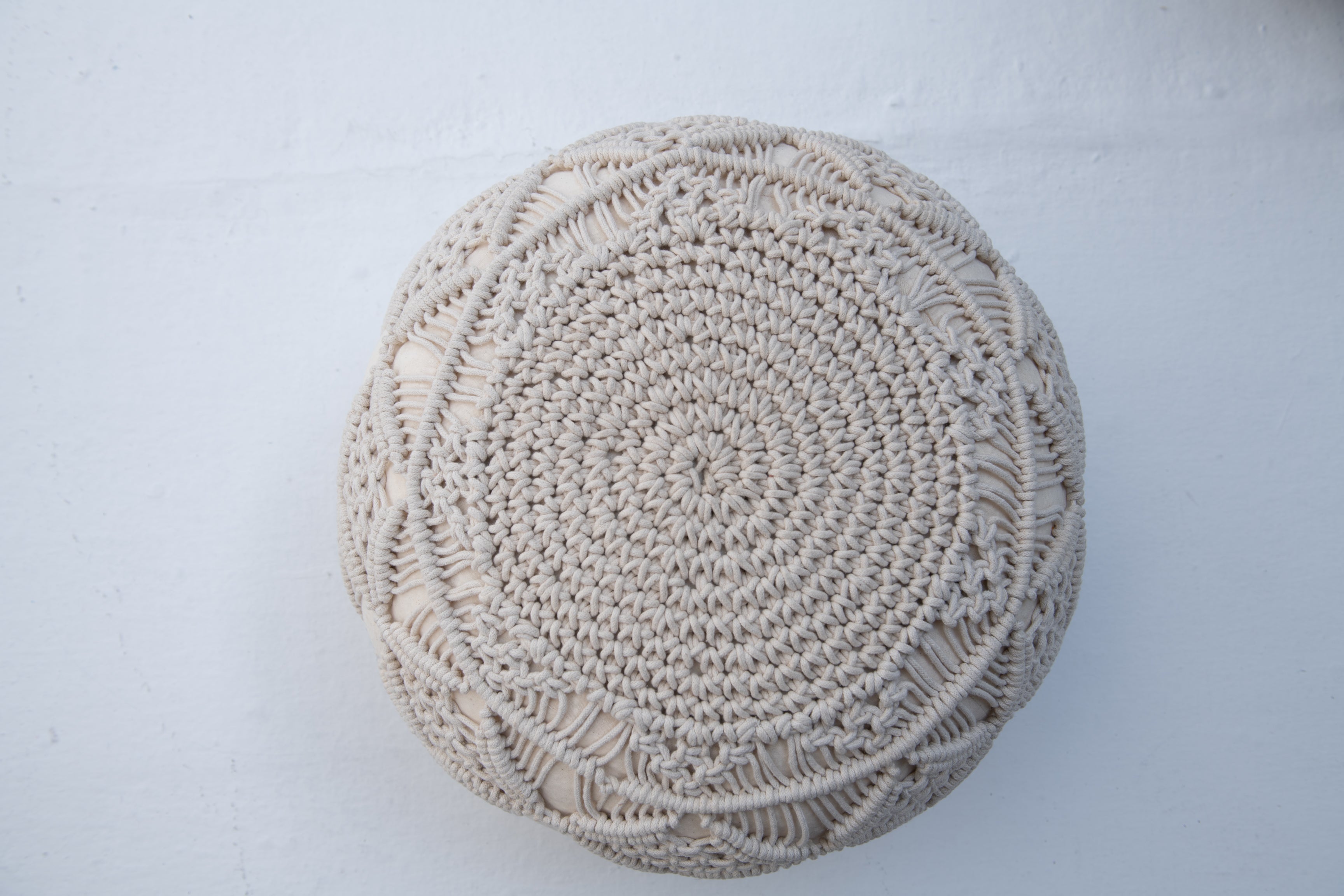 Bohemian Handwoven Cotton Knot Pouf- Cream