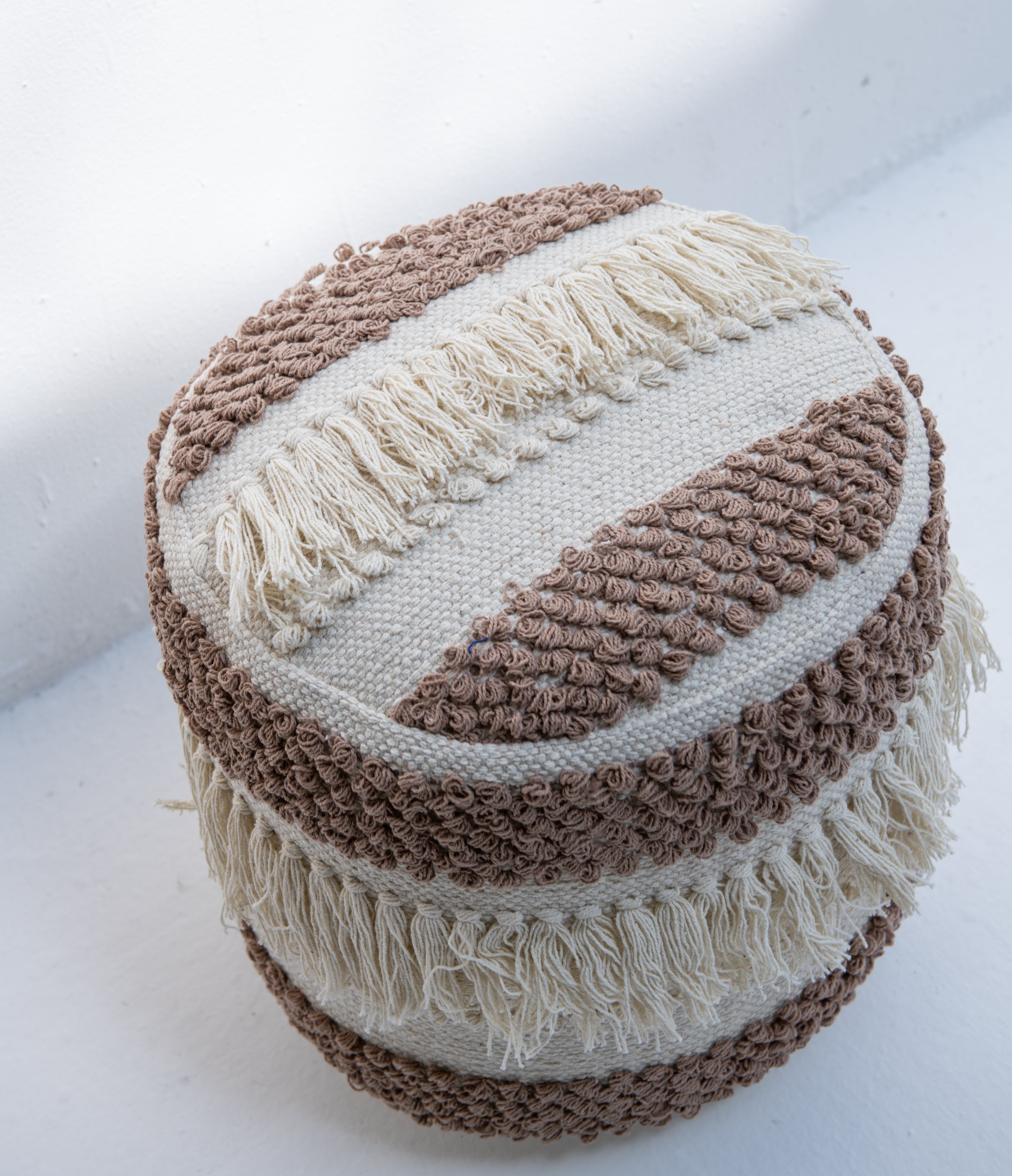 Bohemian Braided Tassel Drum Pouf- Beige and Cream