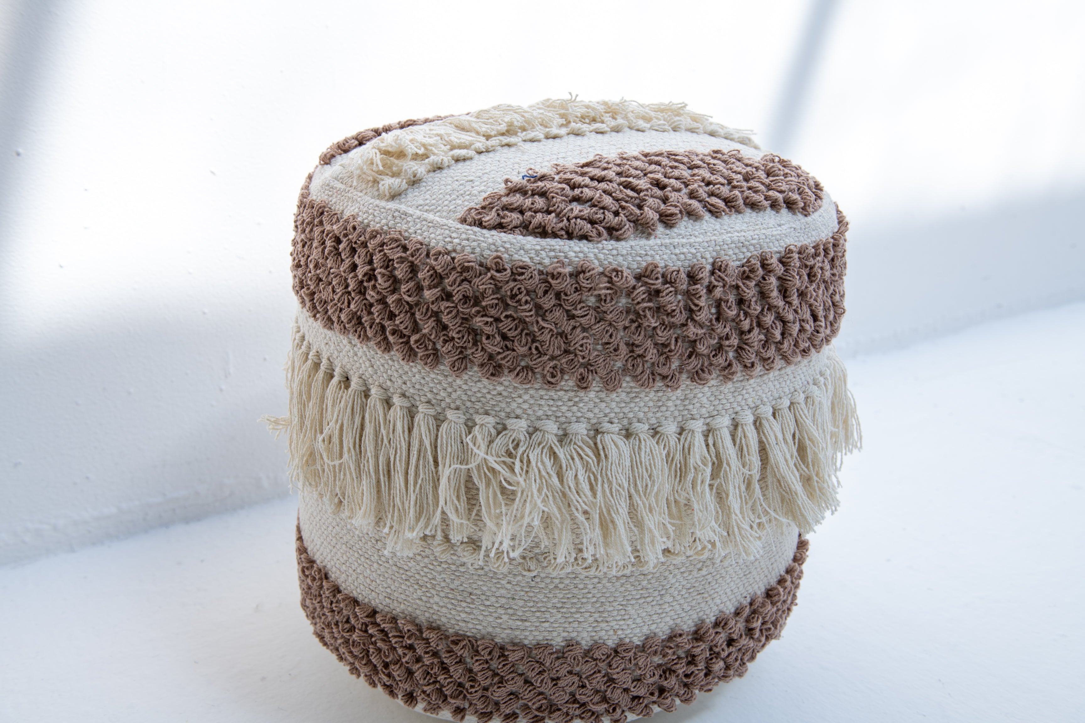 Bohemian Braided Tassel Drum Pouf- Beige and Cream