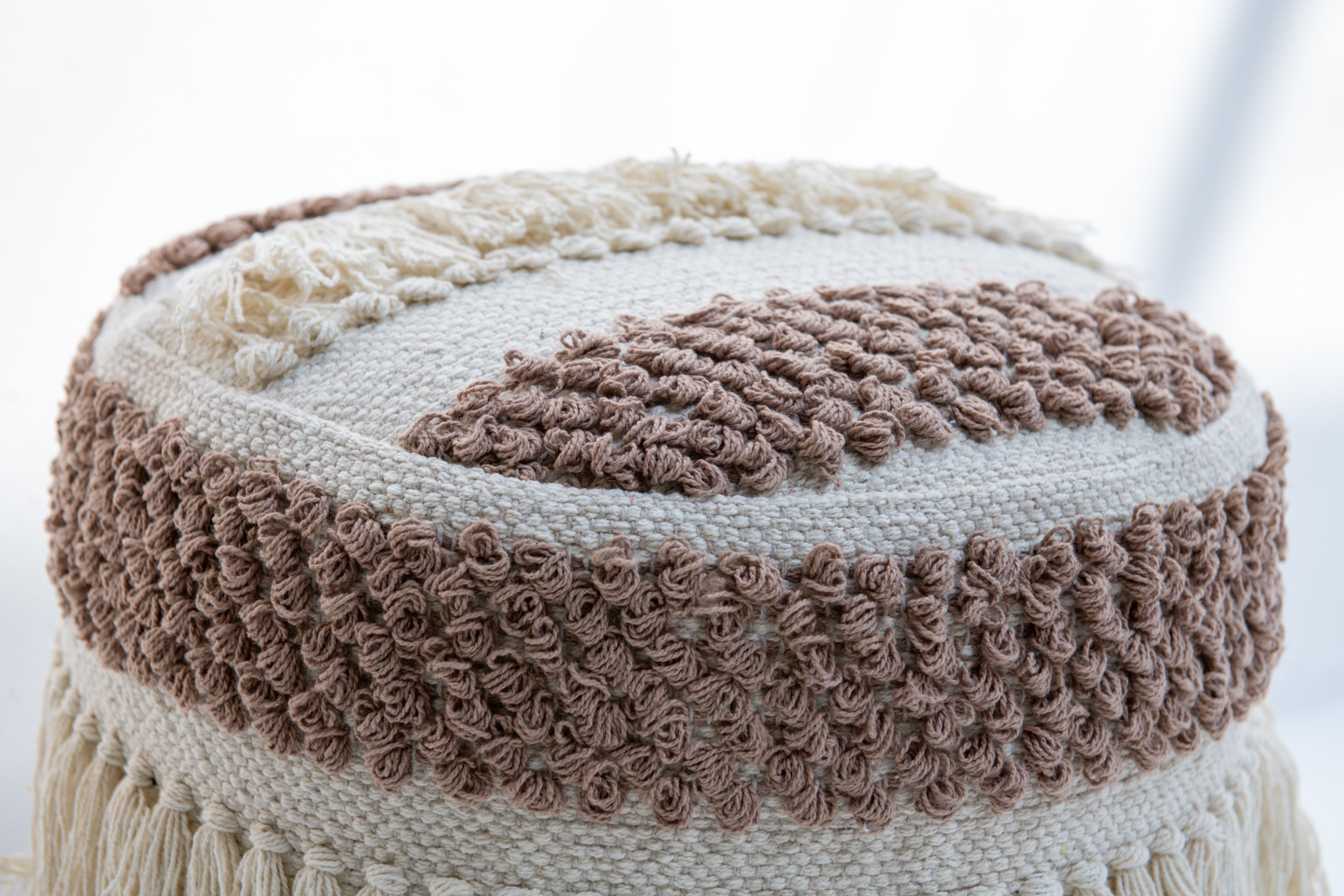 Bohemian Braided Tassel Drum Pouf- Beige and Cream