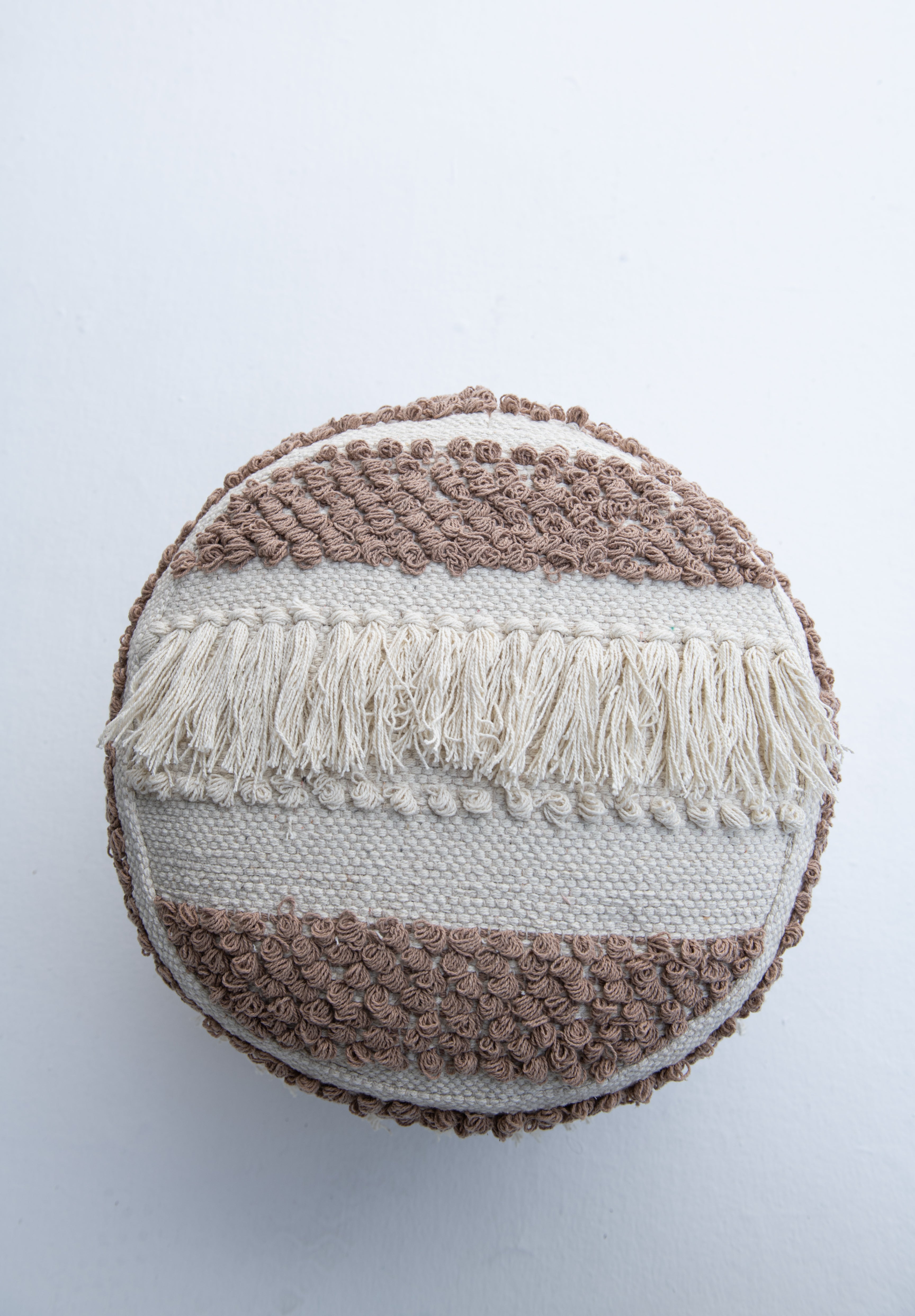 Bohemian Braided Tassel Drum Pouf- Beige and Cream