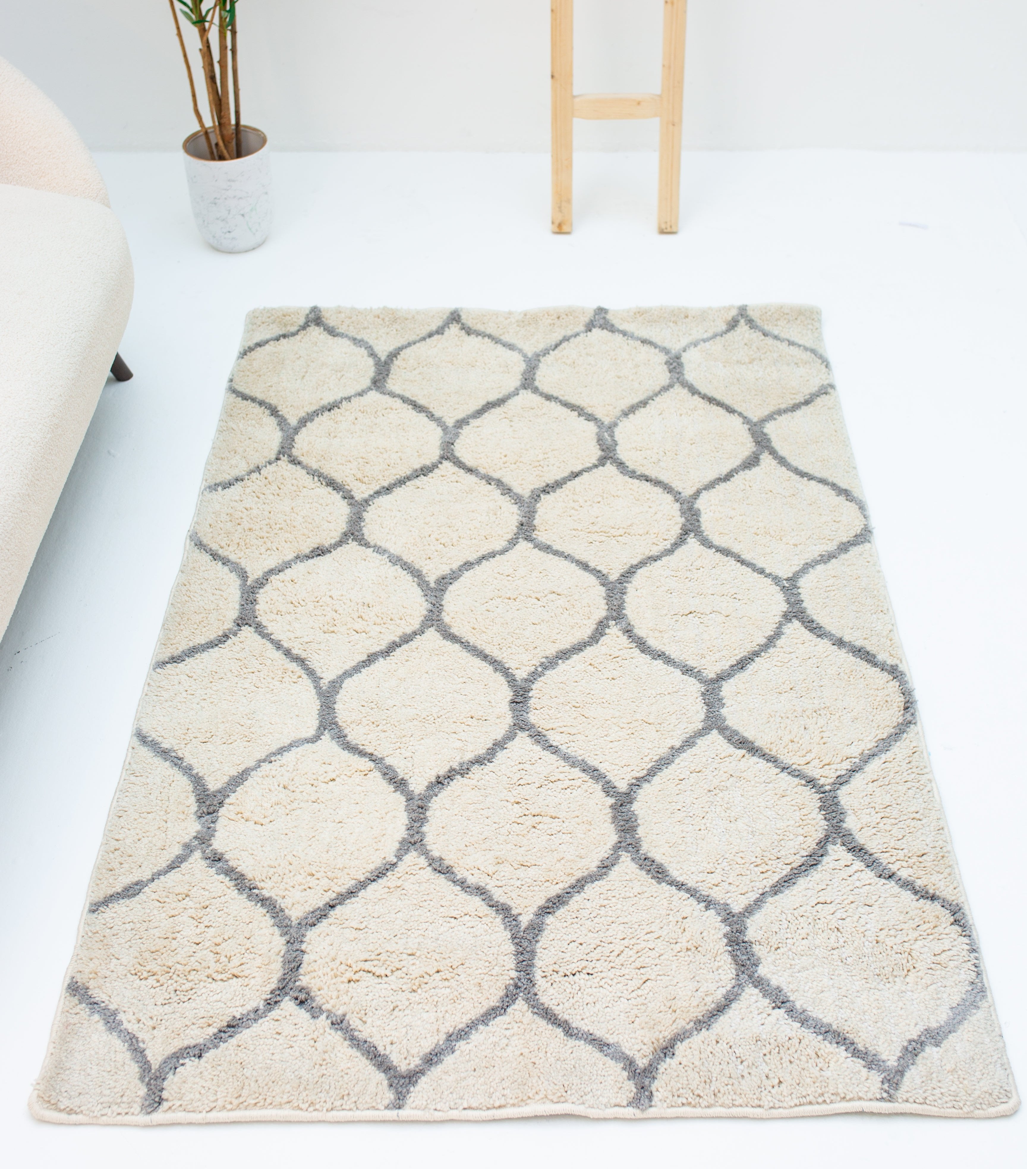Microfiber Moroccan Trellis Rug - Cream and Grey- Rectangle