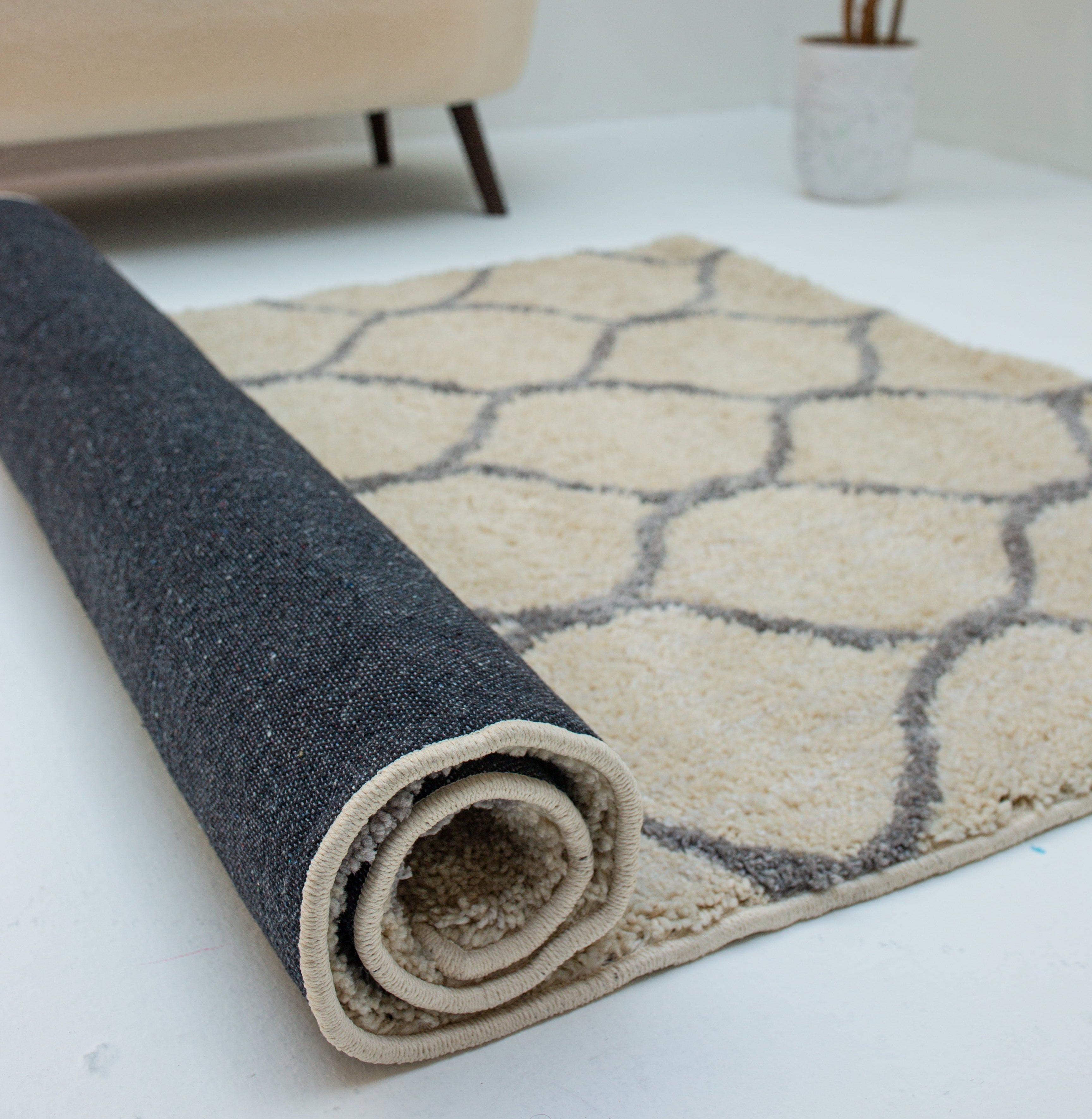 Microfiber Moroccan Trellis Rug - Cream and Grey- Rectangle