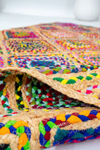 Contemporary Handmade Braided Rug - Jute and Chindi - Colorful Diamond