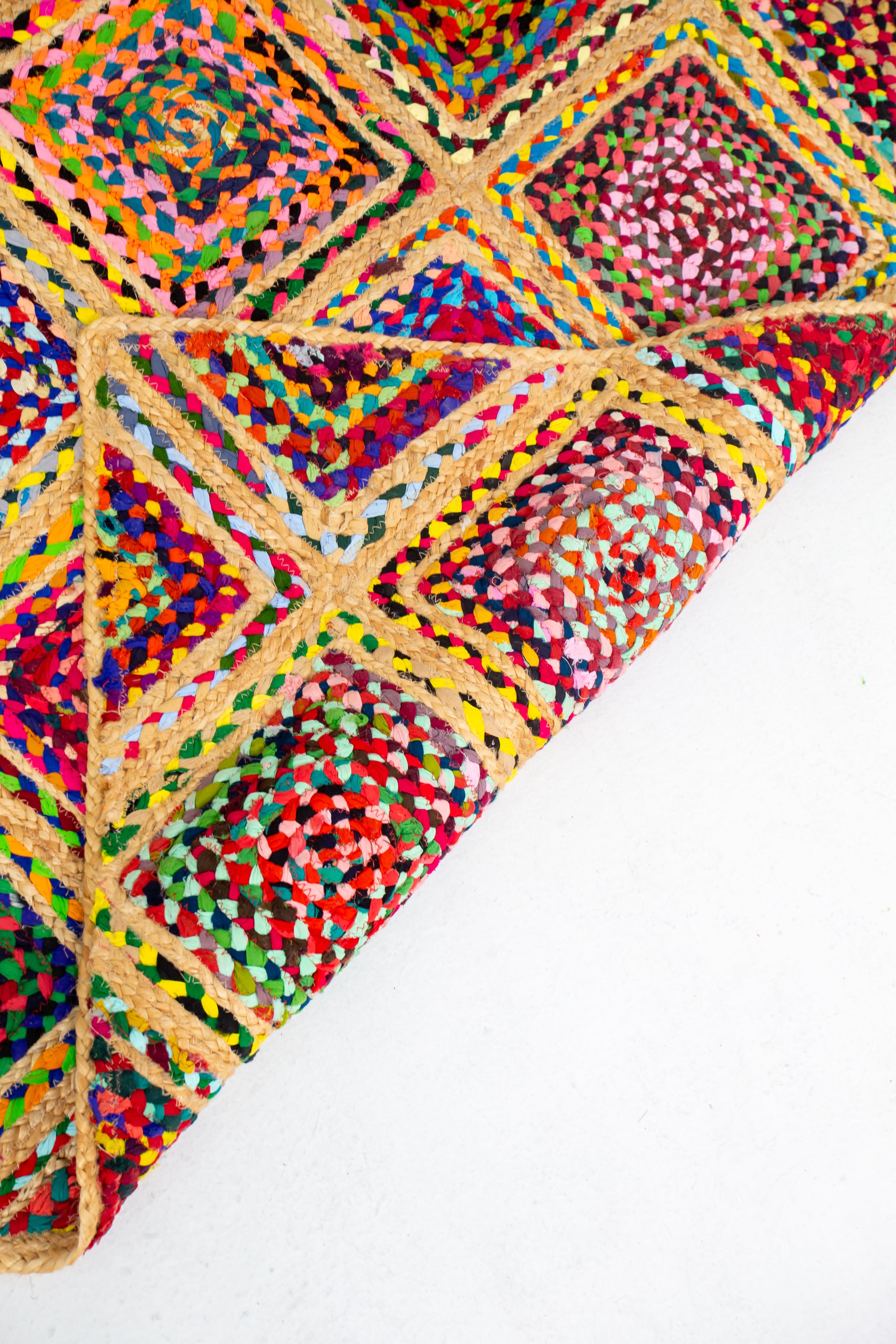 Contemporary Handmade Braided Rug - Jute and Chindi - Colorful Diamond