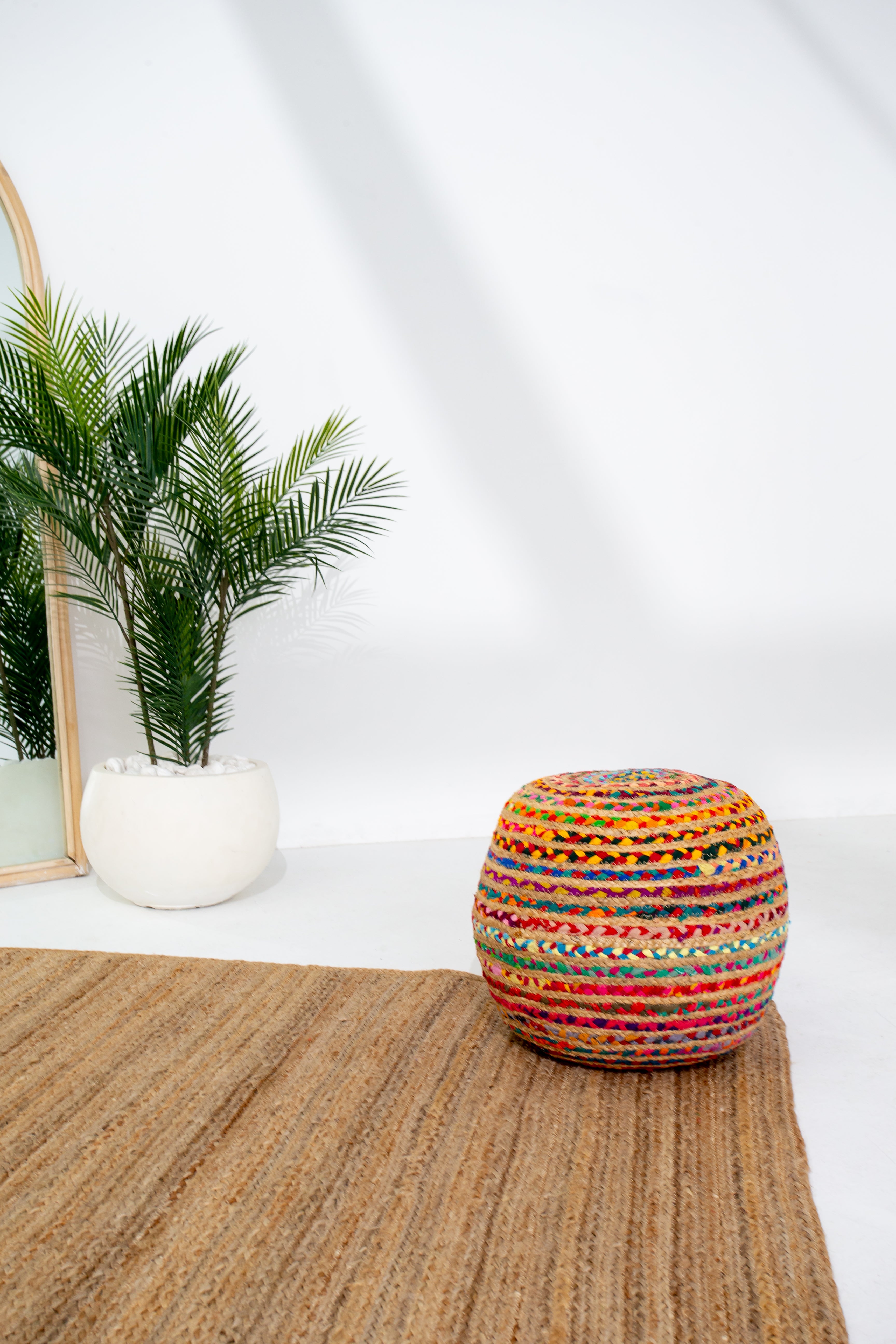 Boho Braided Chindi and Jute Pouf