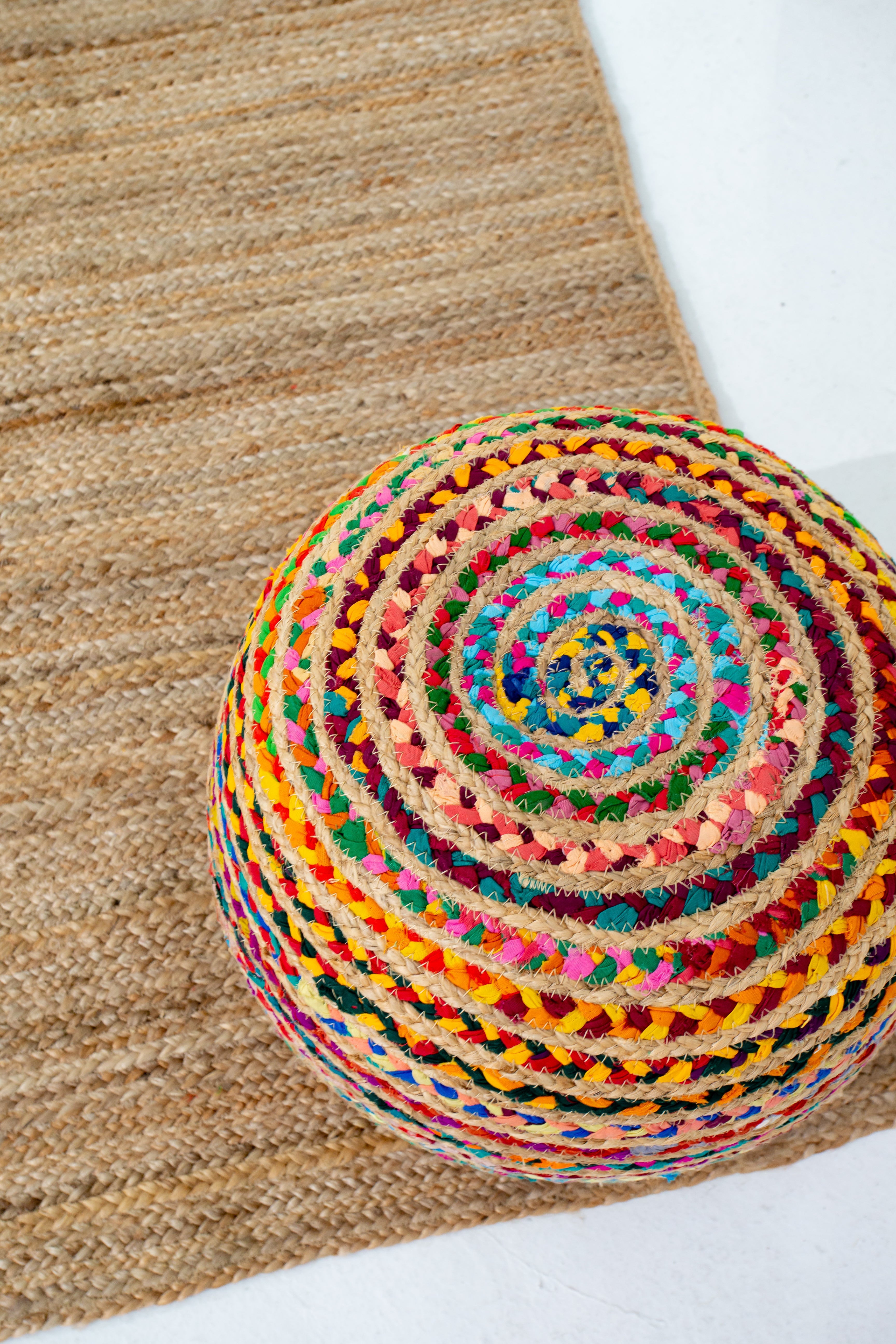 Boho Braided Chindi and Jute Pouf
