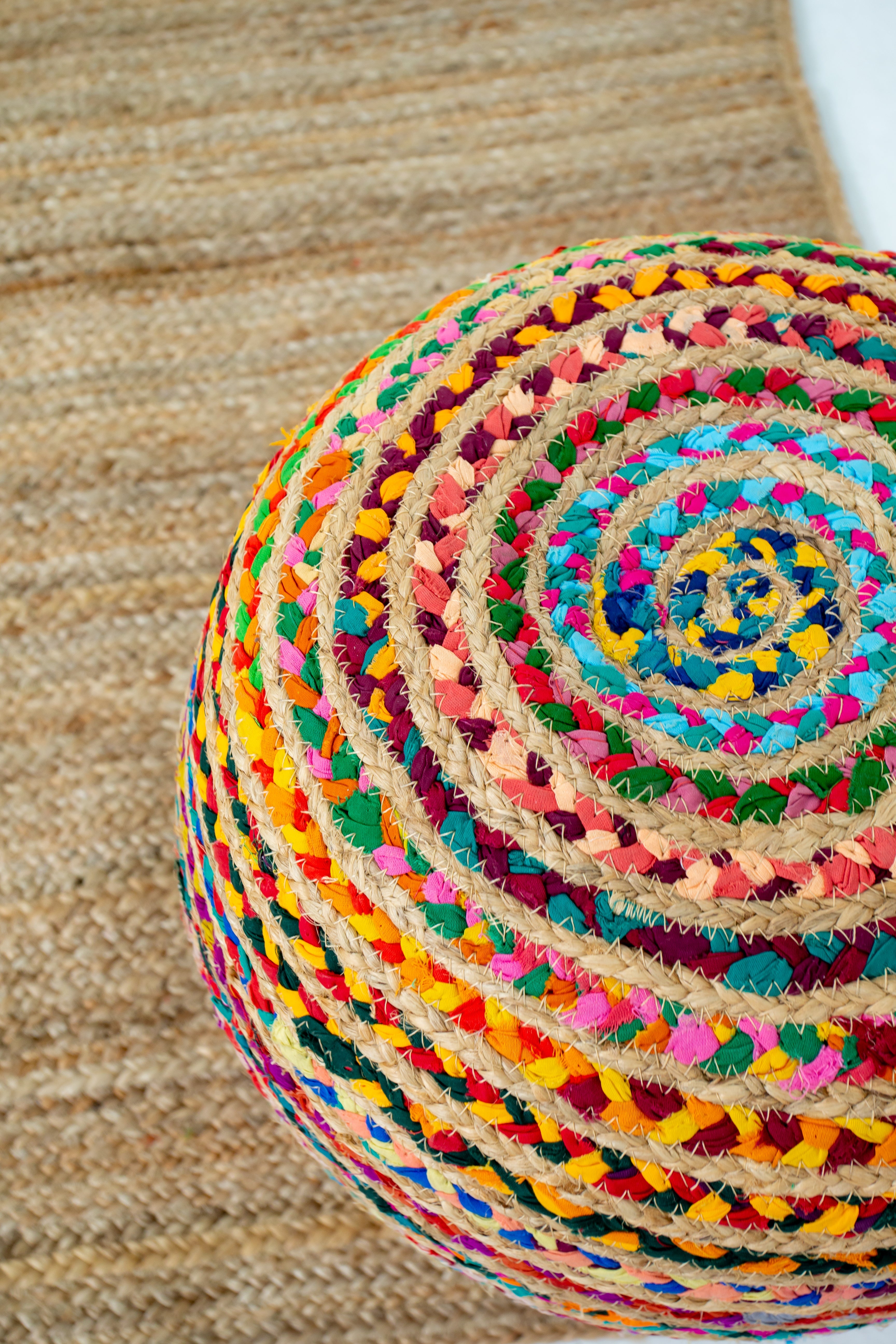 Boho Braided Chindi and Jute Pouf