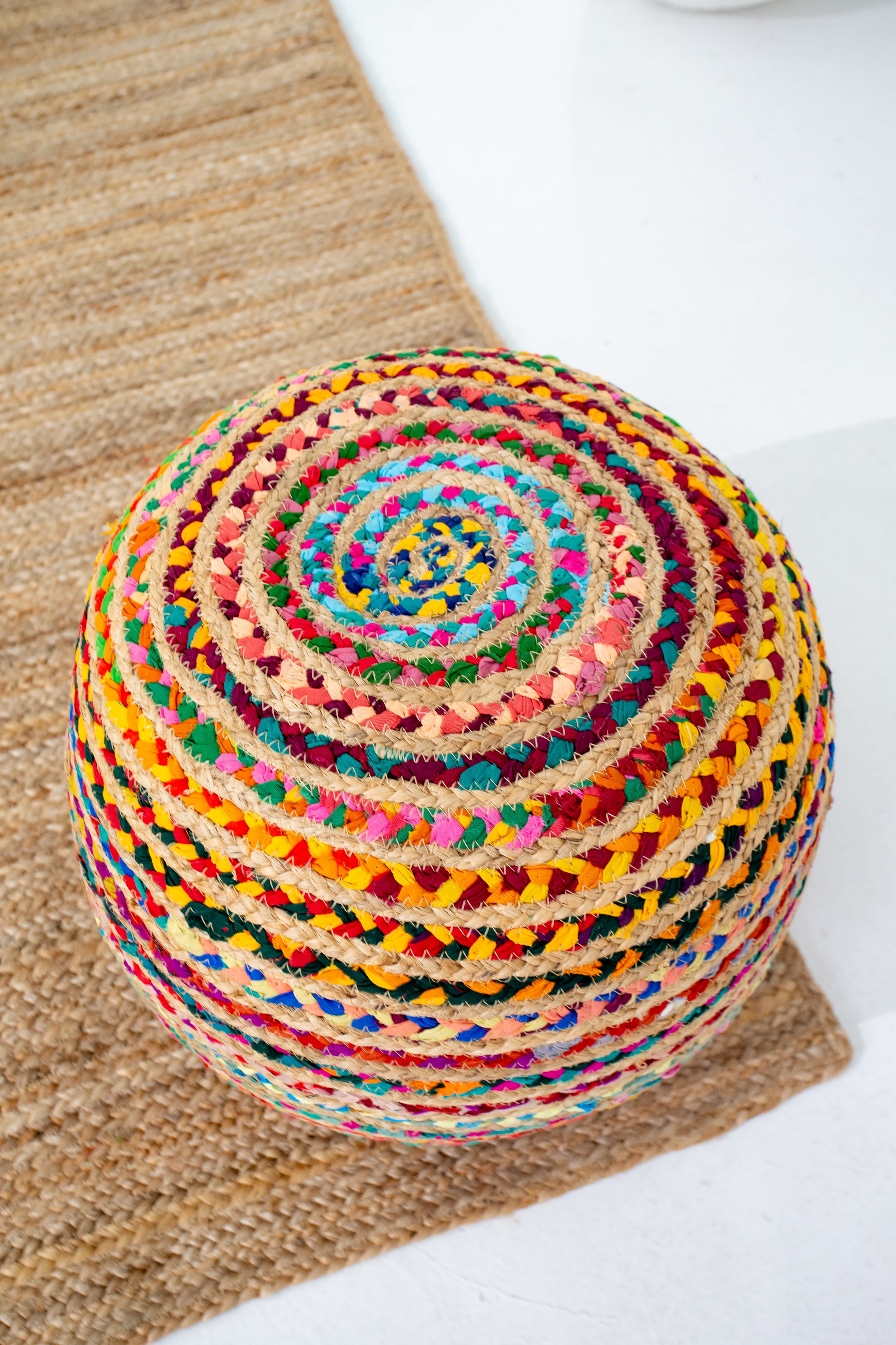 Boho Braided Chindi and Jute Pouf