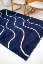 Plush Moroccan Patterned Rug - Microfiber -Navy Blue and White- Rectangle